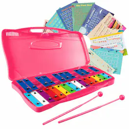 Costway - 25 Notes Kids Glockenspiel Chromatic Metal Xylophone w/ Case and 2 Mallets - Pink