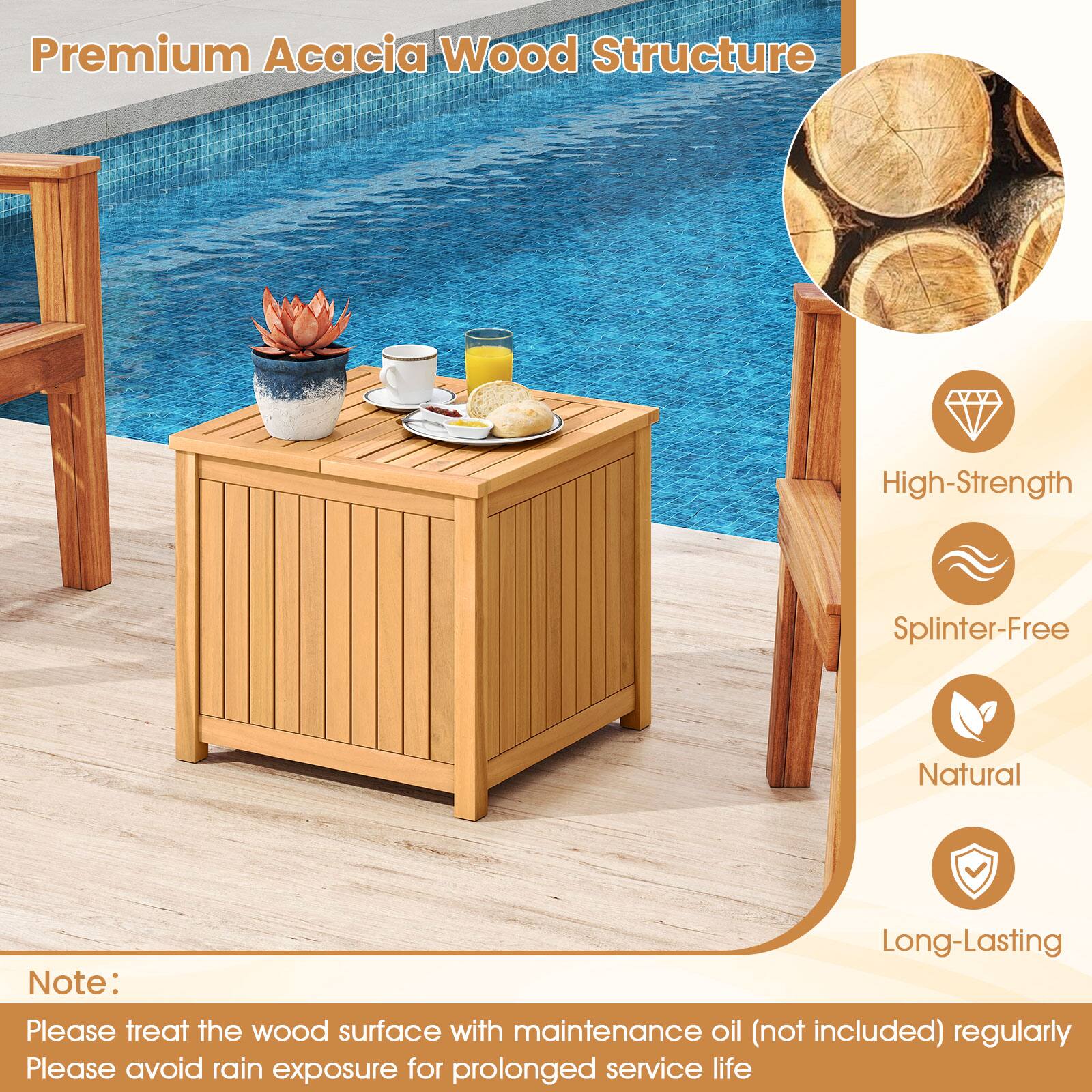 Premium Acacia Wood Structure

High-Strength  
Splinter-Free  
Natural  
Long-Lasting  

Note:  
Please treat the wood surface with maintenance oil (not included) regularly  
Please avoid rain exposure for prolonged service life
