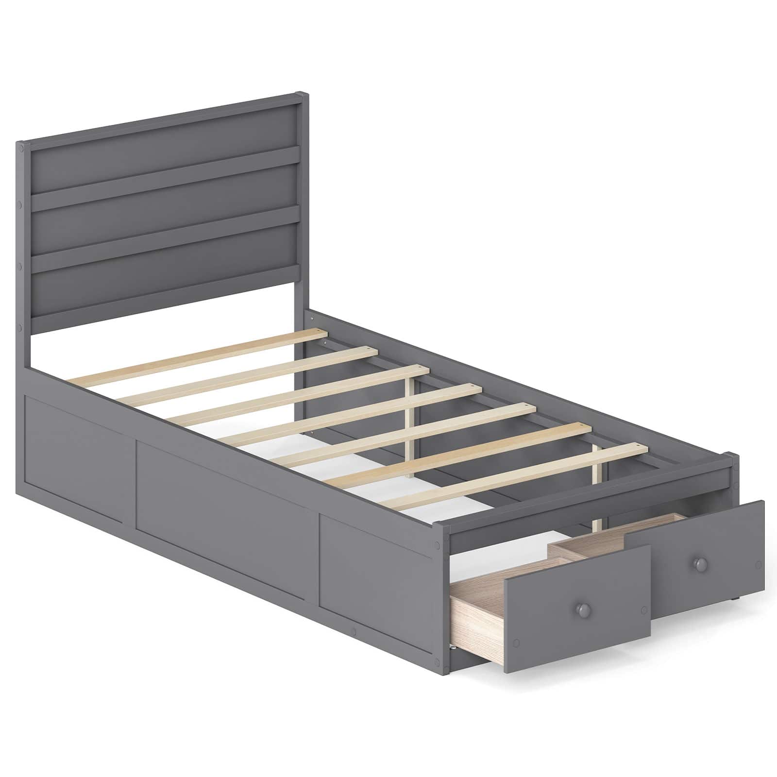 Front. Gymax - Gymax Full Size Bed Frame w/Storage Drawers Headboard Wooden Slat&Enclosed Base Gray - Grey.