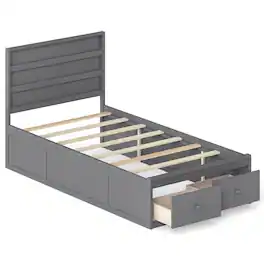 Gymax - Full Size Bed Frame w/Storage Drawers Headboard Wooden Slat&Enclosed Base - Gray
