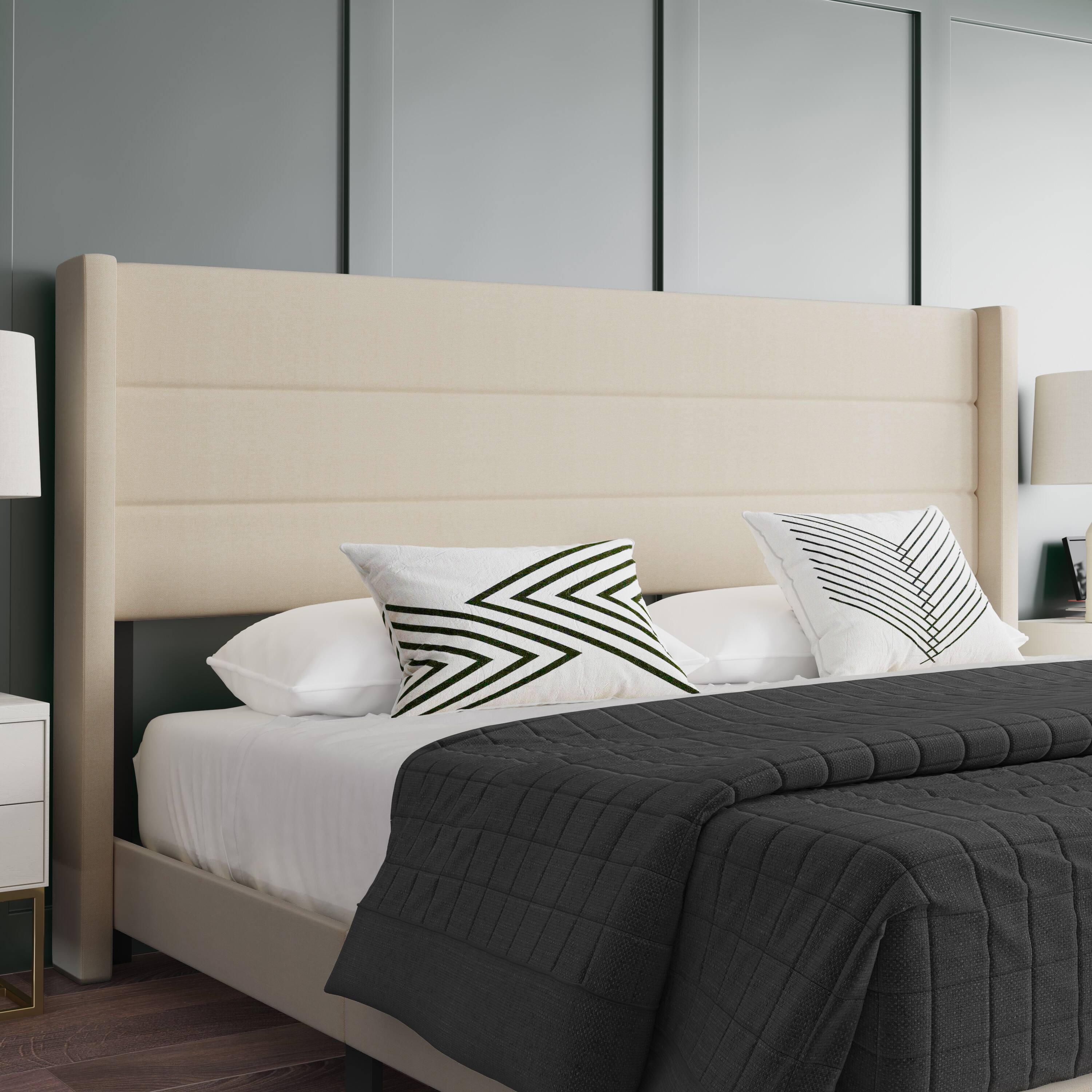 Alt View 4. Emma + Oliver - Upholstered Platform Bed with Wingback Headboard - Beige.