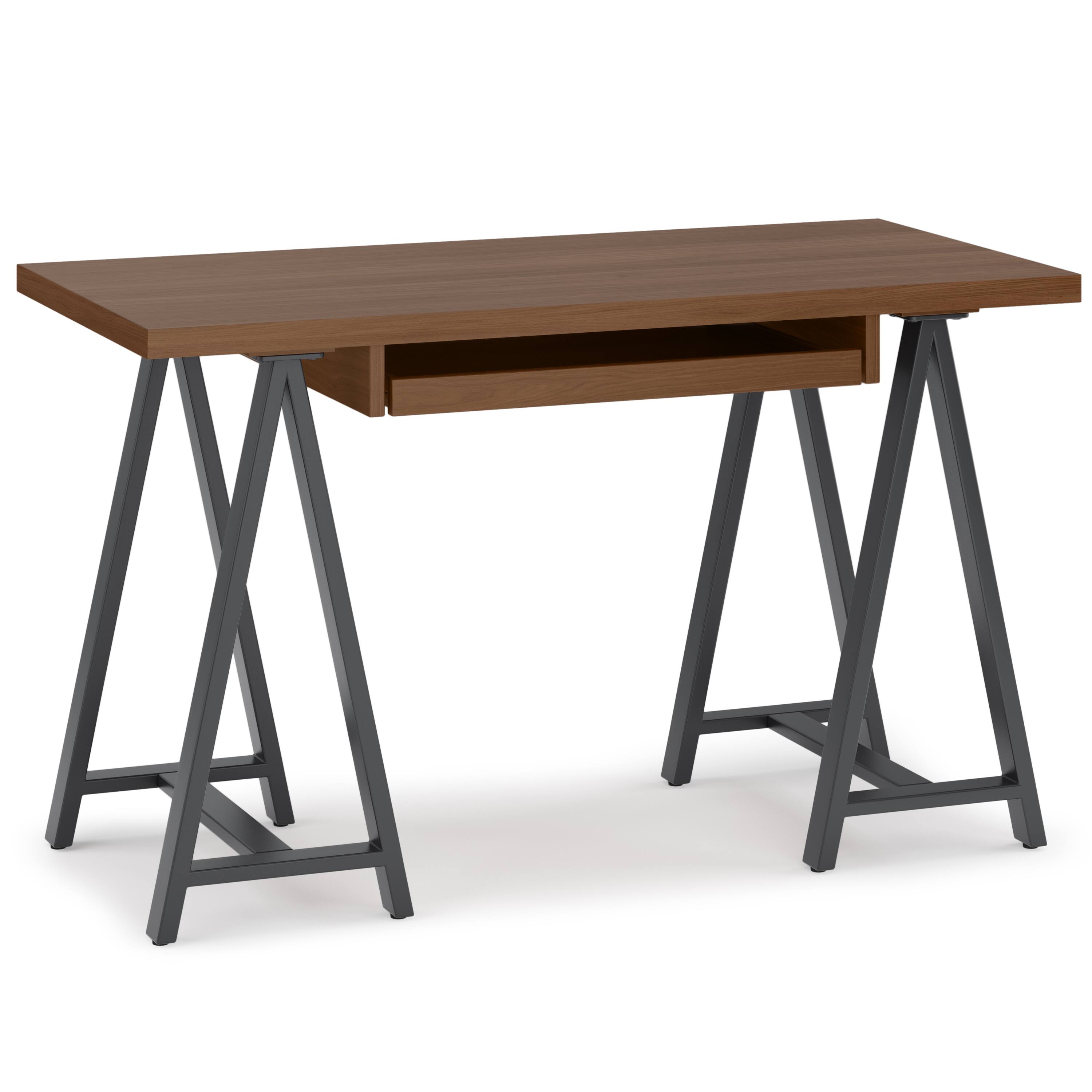 Front. Simpli Home - Sawhorse industrial 50 inch wide solid walnut wood and metal small desk - Walnut.