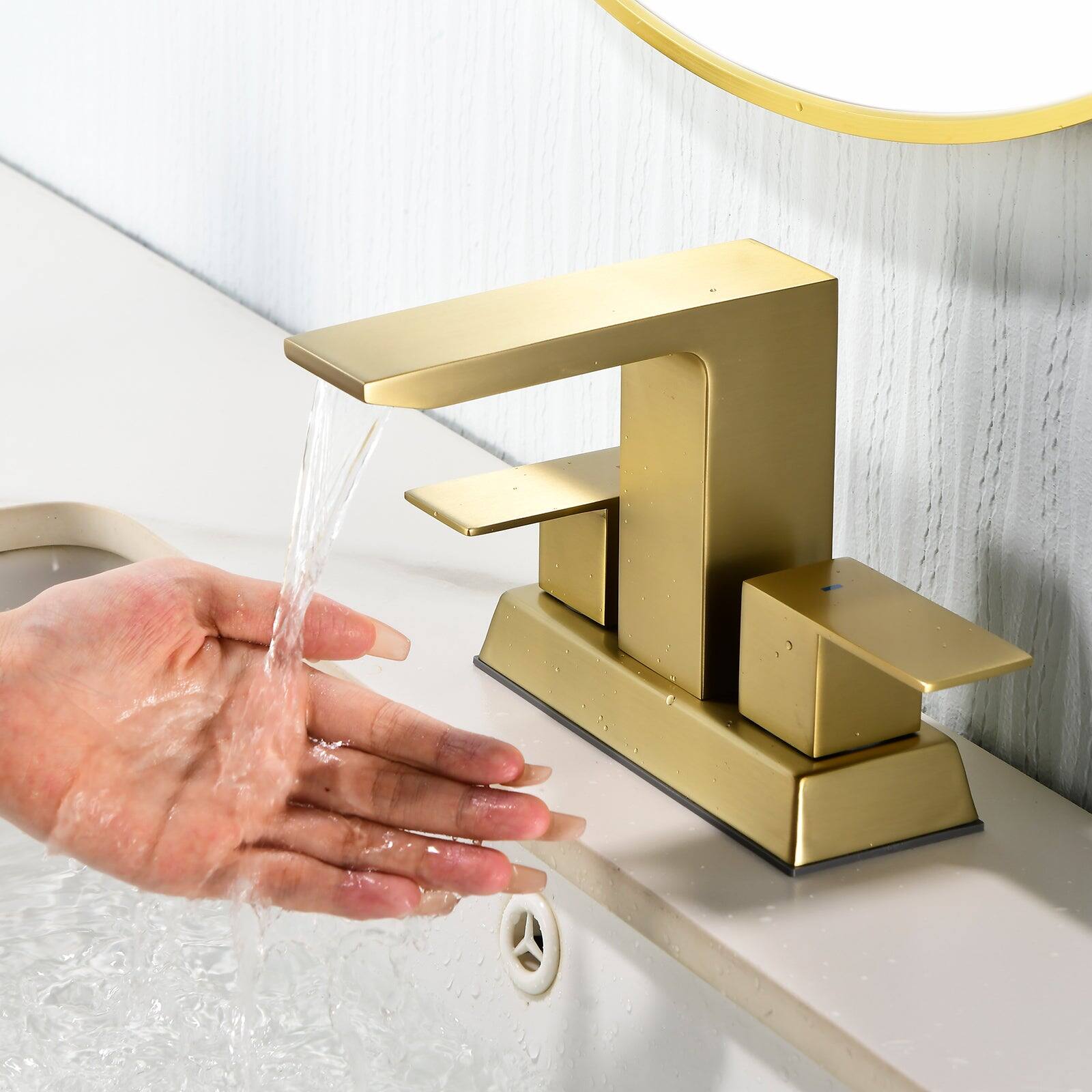 Alt View 4. Boyel Living - Brushed Gold 4 Inch Centerset Faucet SUS304 Waterfall Spout 1.2GPM Dual Handle Pop Up Drain - Brushed Gold.