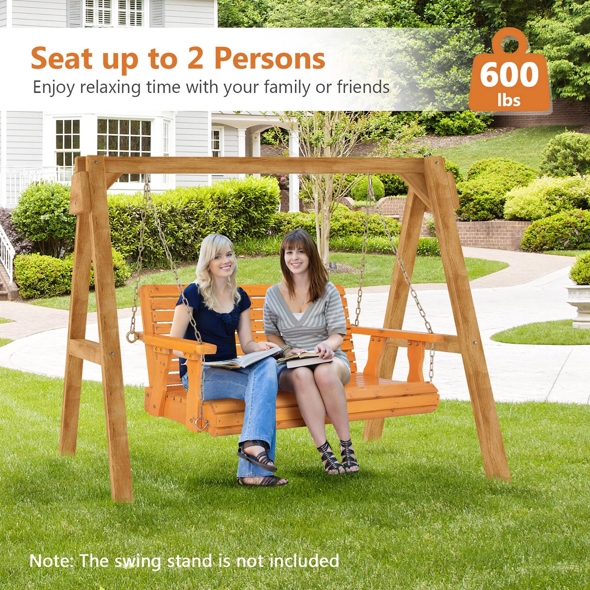 Alt View 8. Gymax - Gymax 2-Person Porch Swing Chair Wooden Garden Swing Bench w/ Adjustable Chains Orange - Orange.