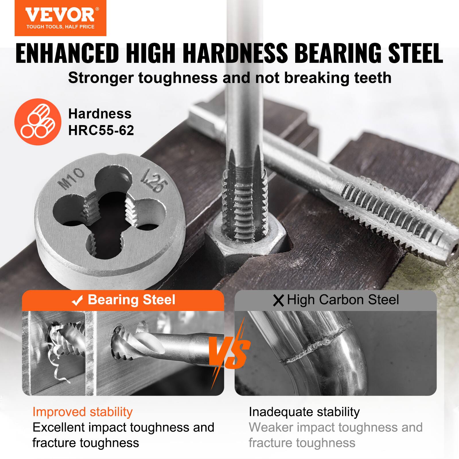 **VEVOR**  
TOUGH TOOLS, HALF PRICE

**ENHANCED HIGH HARDNESS BEARING STEEL**  
Stronger toughness and not breaking teeth

- **Hardness**  
  HRC55-62

- **Bearing Steel**  
  Improved stability  
  Excellent impact toughness and fracture toughness

- **High Carbon Steel**  
  Inadequate stability  
  Weaker impact toughness and fracture toughness