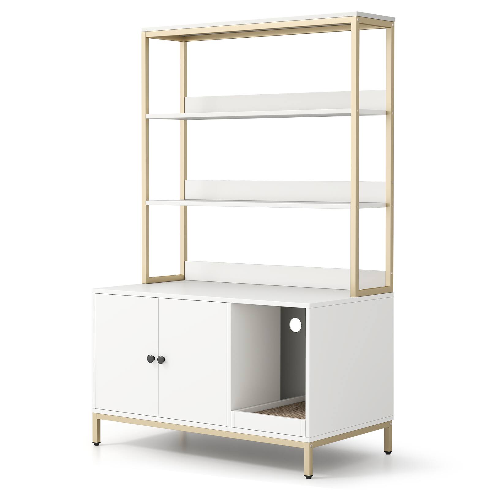 Alt View 9. Gymax - Gymax 57'' Cat Litter Box Enclosure w/ Storage 2-tier Shelves Removable Scratcher White - White.