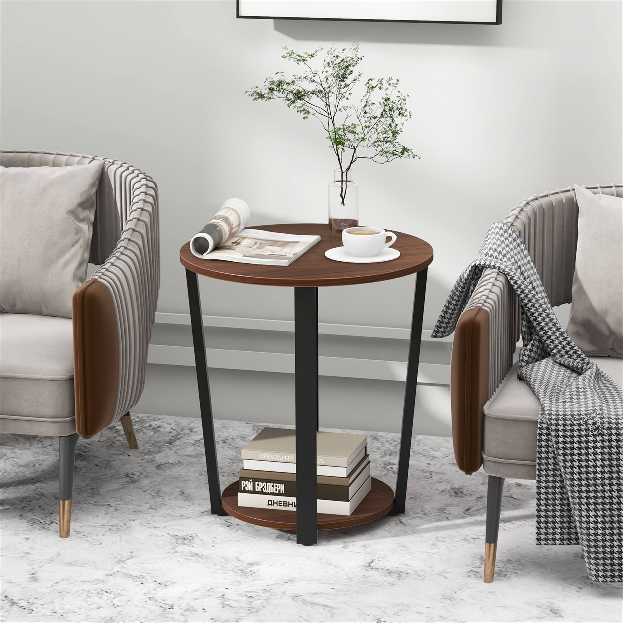Alt View 1. Gymax - Gymax Industrial End Table Sofa Side Table Nightstand w/ Storage Shelf & Metal Frame - Walnut.