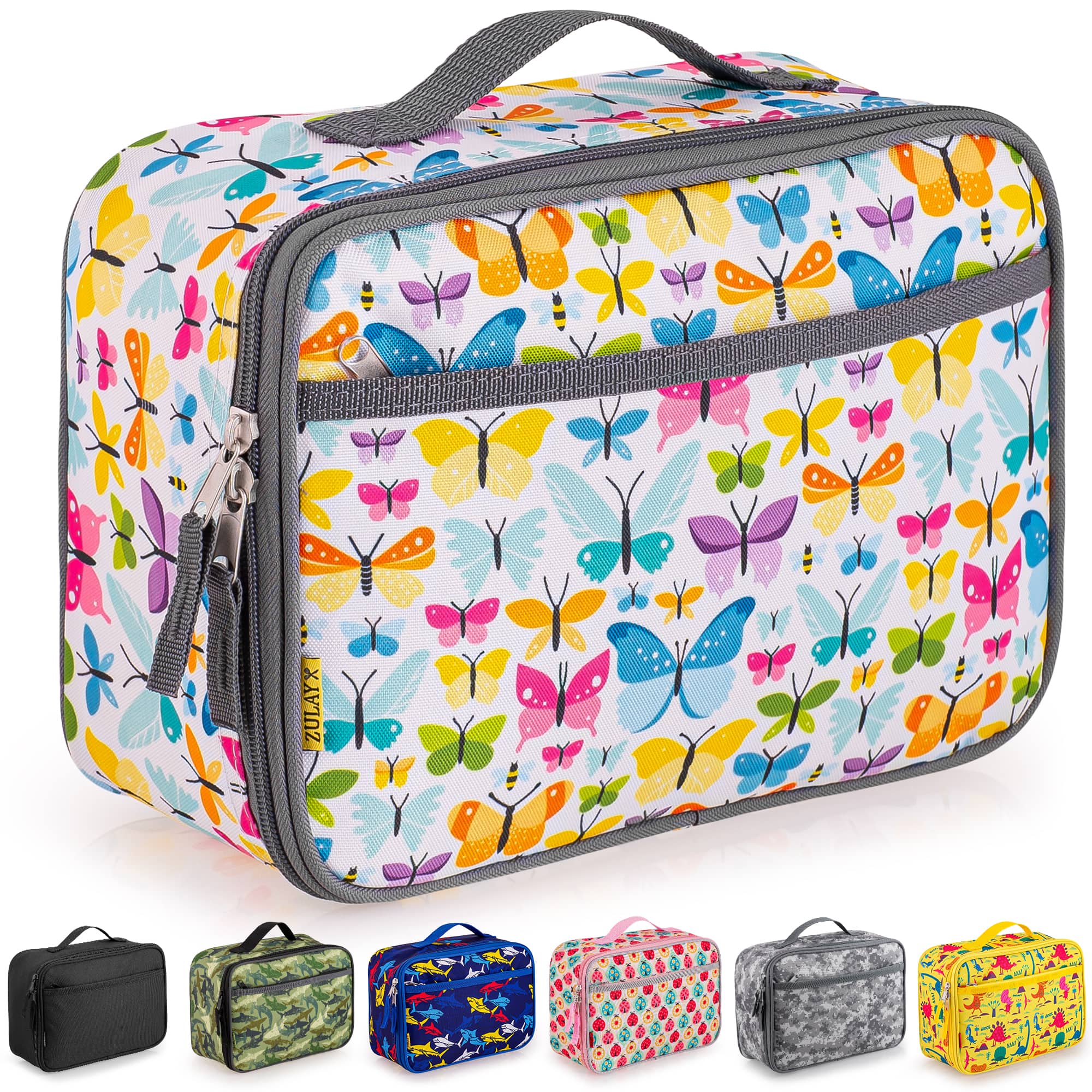 Front. Zulay Kitchen - Zulay Thermal Kids Lunch Cooler - Spacious Compartment & Built-In Handle - Butterflies.