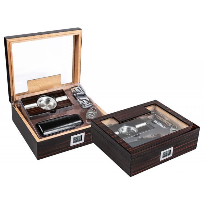 Prestige - Kensington Humidor Gift Set - Ultra-Rich High Gloss Ebony Cherry Wood Finish