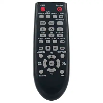 POWER, TV POWER, AUTO, SOURCE, POWER, SPEAKER, TV SOURCE, SoundConnect, REPEAT, Ahynet*, +, TV VOL, TV CH, +, AUDIO SYNC, TV MUTE, TV INFO, TV PRE-CH, TV EXIT, i, SOUND EFFECT, VOL, SMART VOLUME, +, S/W LEVEL, MUTE, S/W LEVEL, Surr.Sound, VOL, TONE