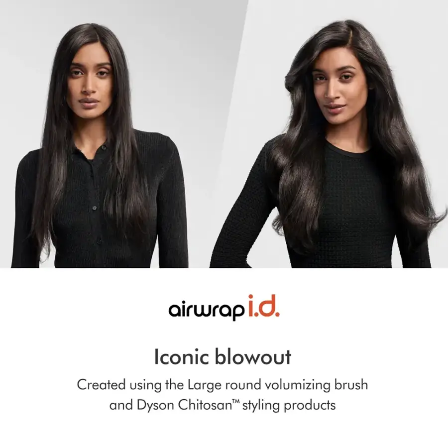 Dyson airwrap i. D. Multi-styler and dryer for straight+wavy hair - jasper plum hs08 15 The text on the image is grouped and corrected as follows: "Airwrap i.d. Iconic blowout: Created using the Large round volumizing brush and Dyson Chitosan styling products."