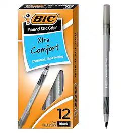 BIC - Round Stic Grip Xtra Comfort Ballpoint Pens, Fine Point, 0.8mm, Dozen - Black Ink