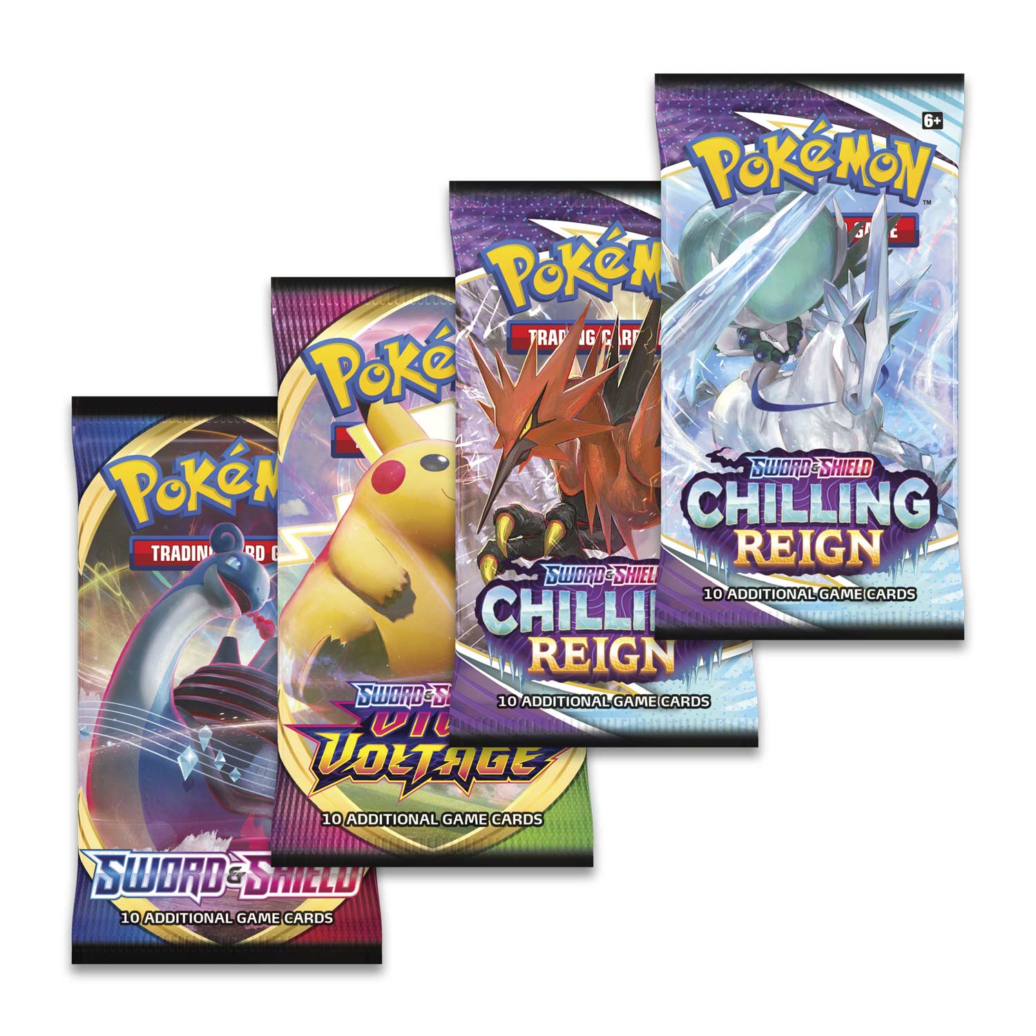 6+ Pokémon Trading Card Game  
Sword & Shield  
Chilling Reign  
10 Additional Game Cards  

Sword & Shield  
Voltage  
10 Additional Game Cards  

Sword & Shield  
10 Additional Game Cards