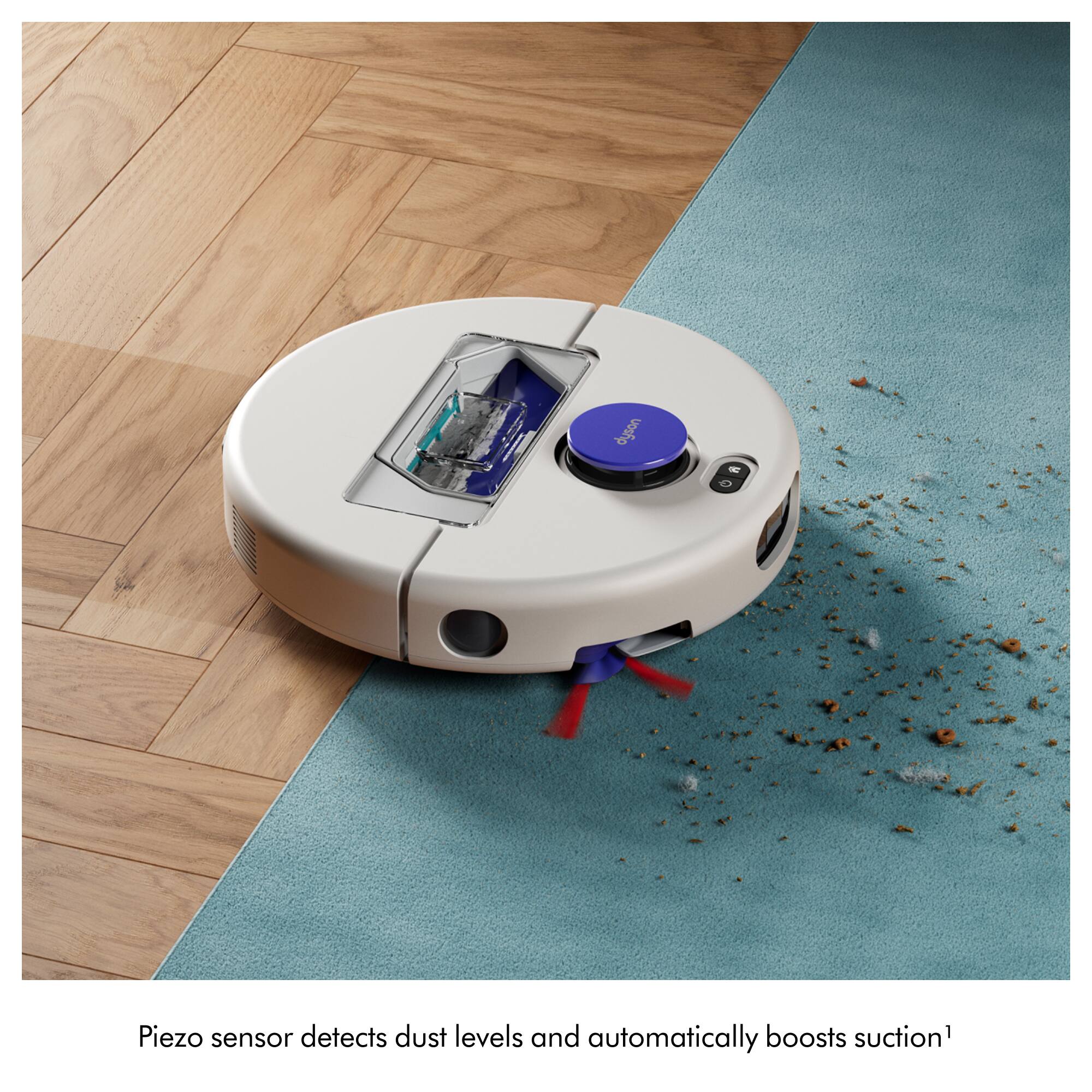 Piezo sensor detects dust levels and automatically boosts suction¹