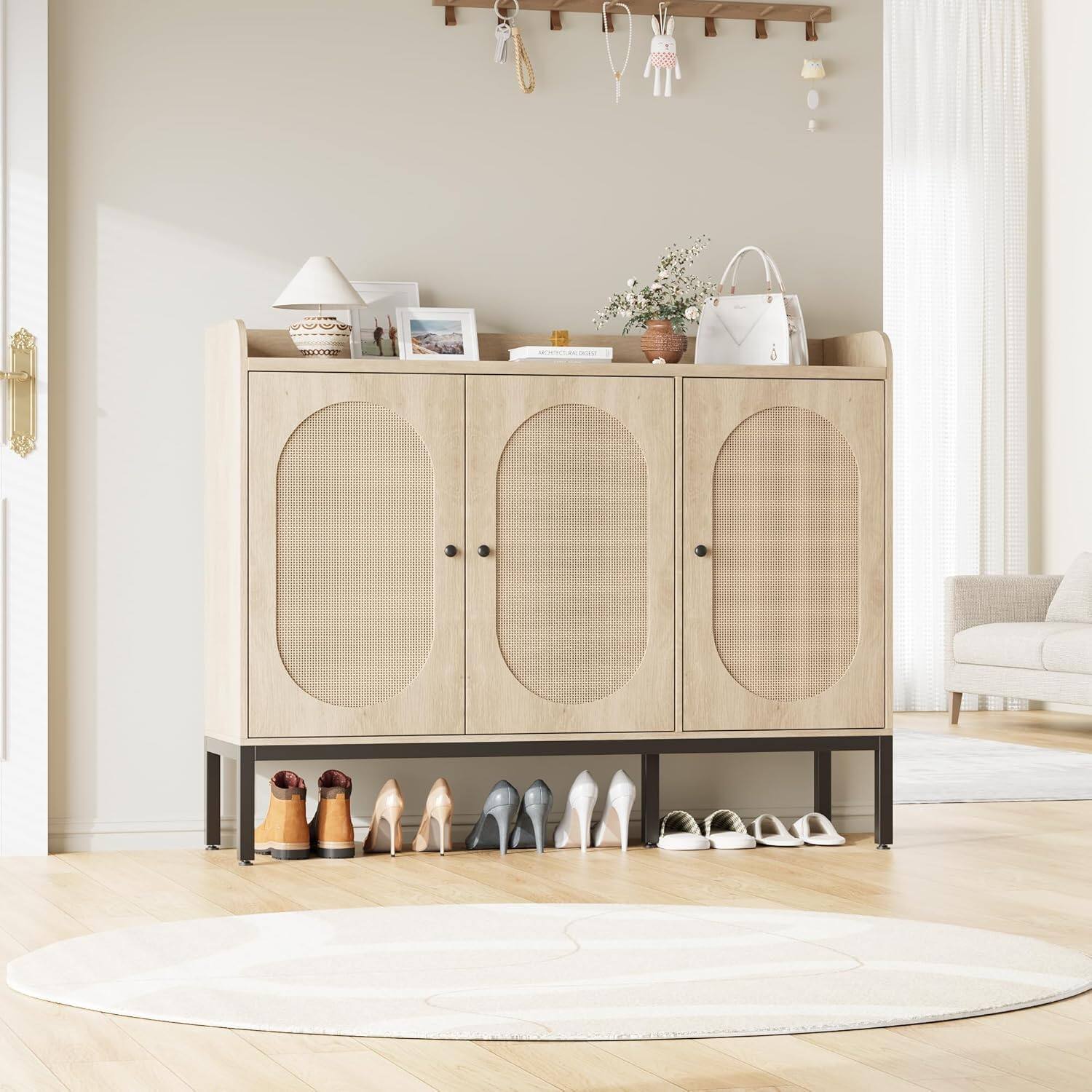 Alt View 4. Homhougo - 7-Tier Rattan Shoe Cabinet – Freestanding Shoe Storage Organizer with 3 Rattan Doors and Adjustable Shelves - Natural.