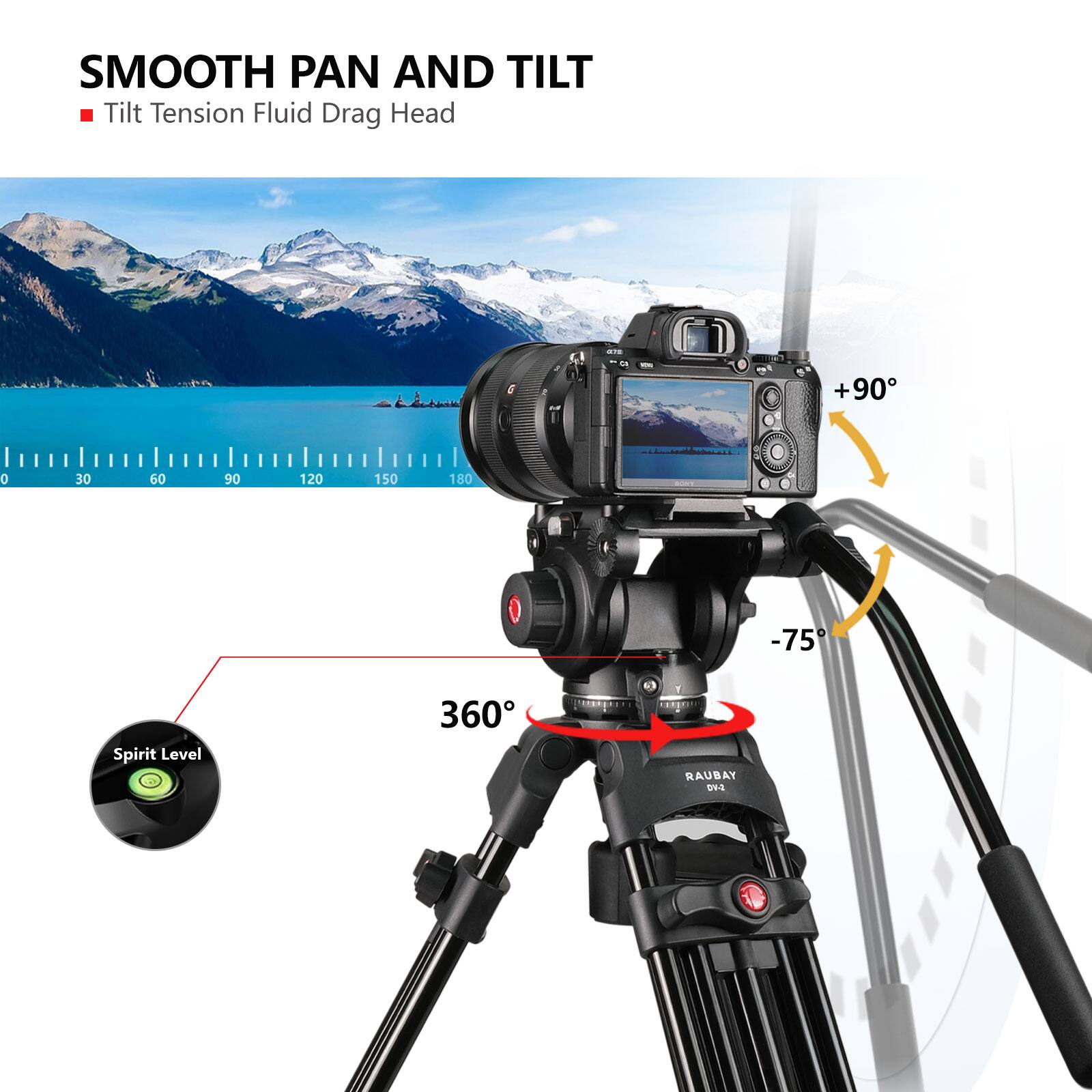 SMOOTH PAN AND TILT Tilt Tension Fluid Drag Head +90 -75 Spirit Level 360 RAUBAY