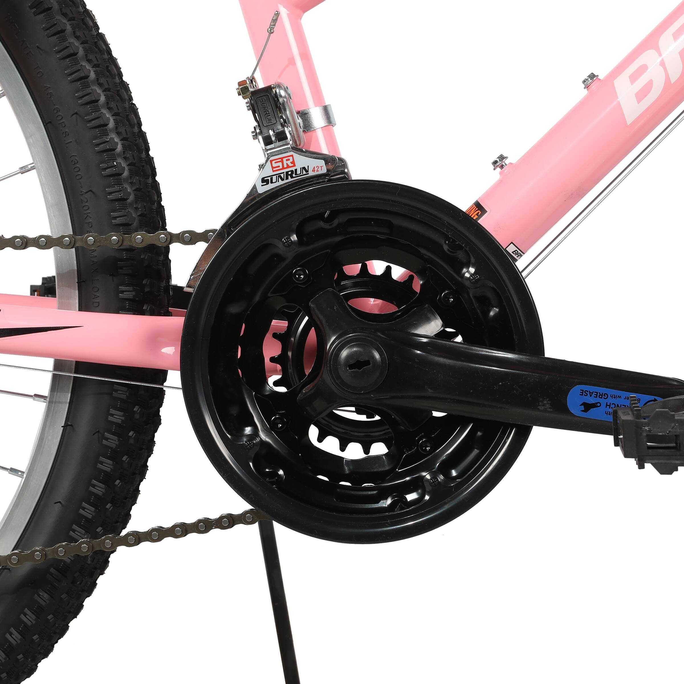 Sure, here is the corrected and grouped text from the image:

- TIRE: 26x2.40
- MAX LOAD: 1000 LB
- MAX PRESSURE: 42 PSI
- SR SUNRUN 42T
- BF
- MADE IN CHINA
- FOR PROFESSIONAL USE ONLY