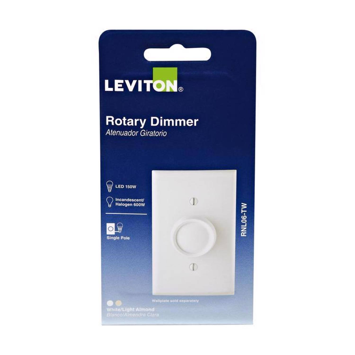 LEVITON - Rotary Dimmer Atenuador Giratorio LED 150W Incandescent/Halogen 600W Single Pole RNL06-TW Wallplate sold separately White/Light Almond Blanco/Almendra Clara