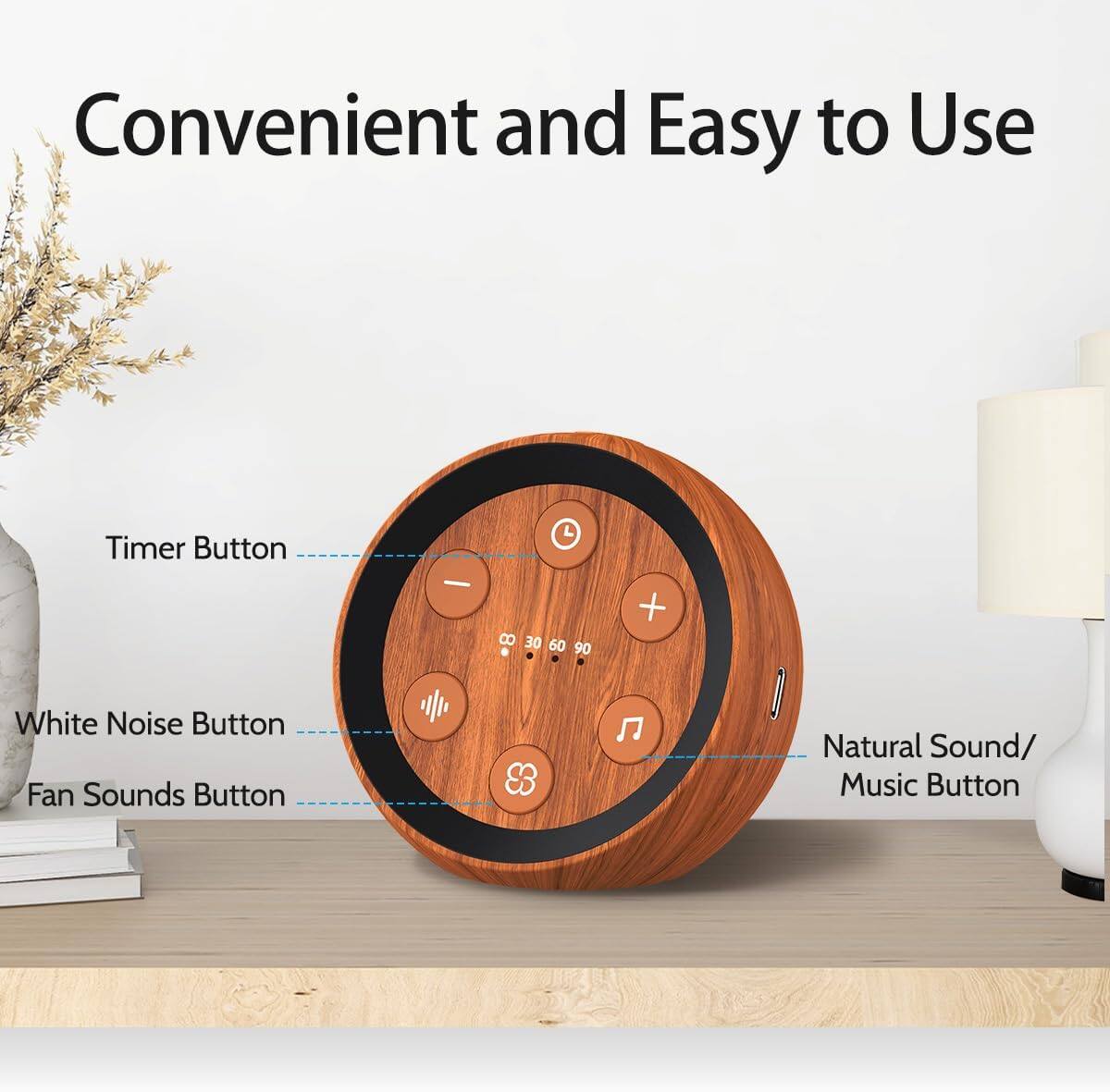 Convenient and Easy to Use

- Timer Button: 30, 60, 90+
- White Noise Button
- Fan Sounds Button
- Natural Sound/ Music Button