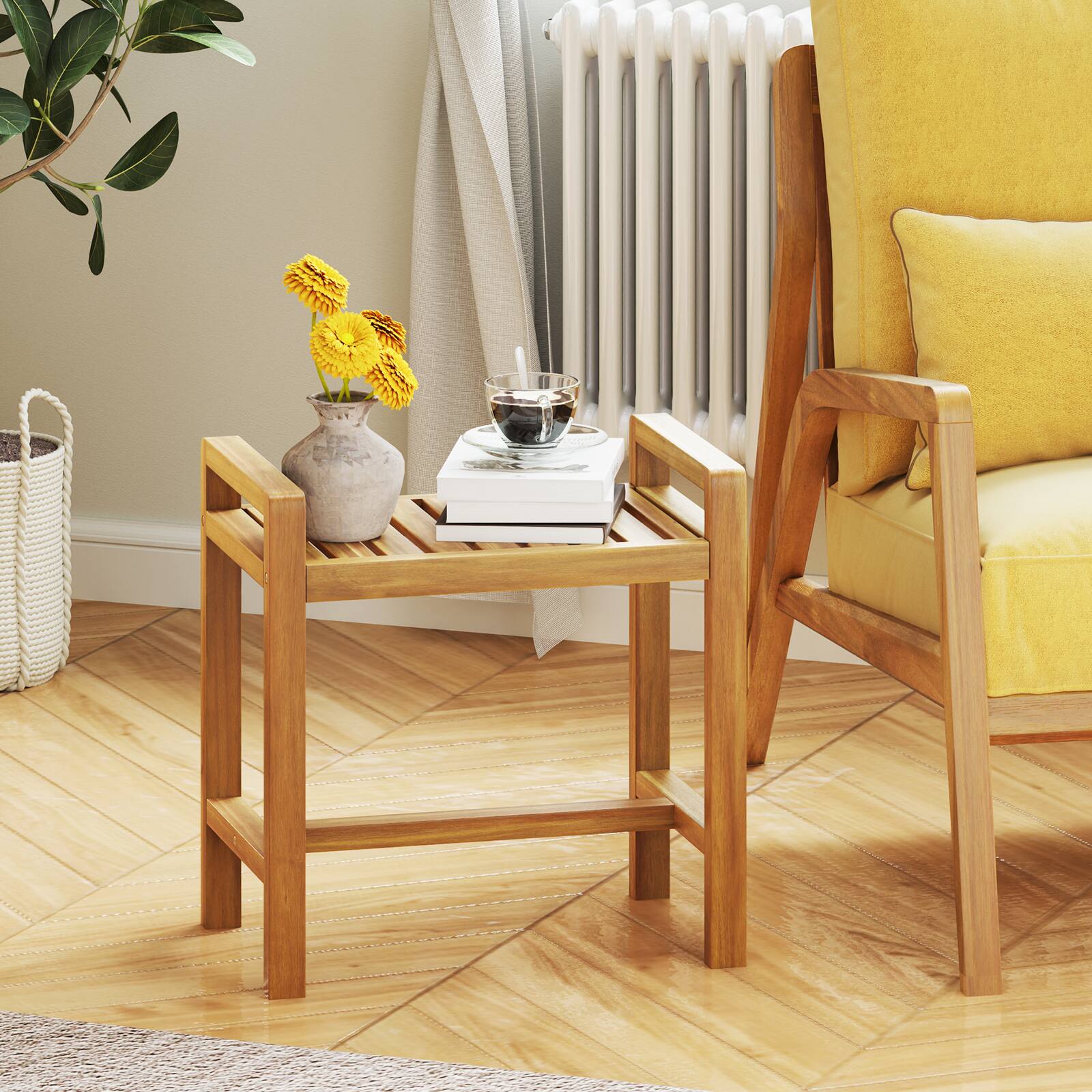 Alt View 4. Gymax - Gymax Teak Wood Shower Bench Solid Wood Stool for Inside Shower Shaving Legs Natural - Natural.