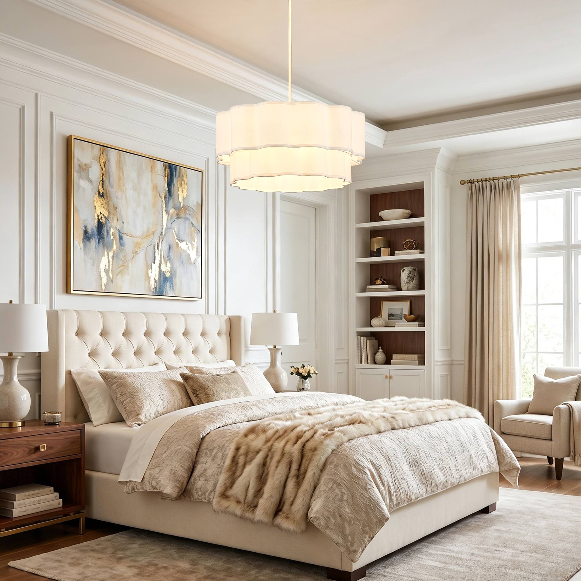 Back. Parrot Uncle - 26 Inch Modern Linen 6 Light Scalloped Tiered Drum Chandelier with Adjustable Downrods - Brass.