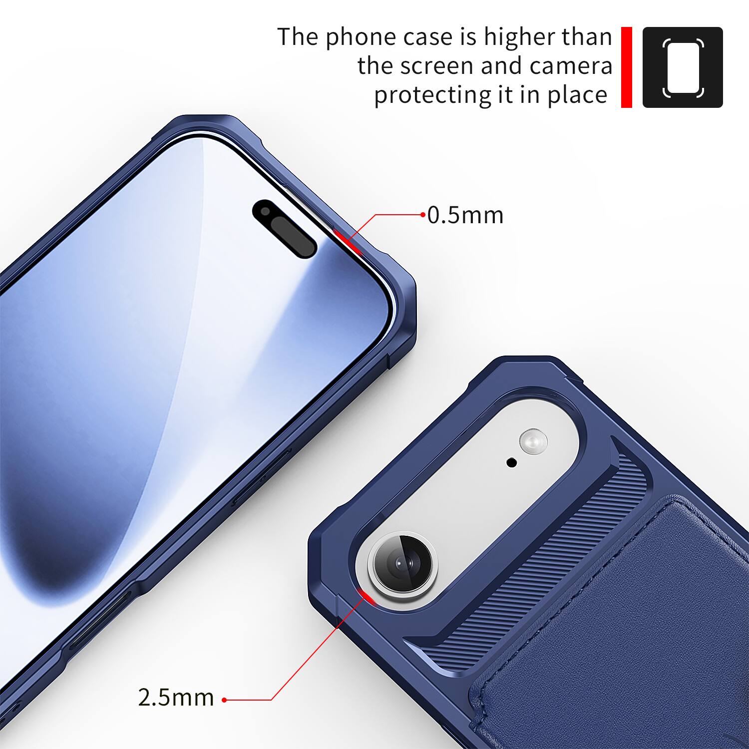 The phone case is higher than the screen and camera protecting it in place.  
0.5mm  
2.5mm