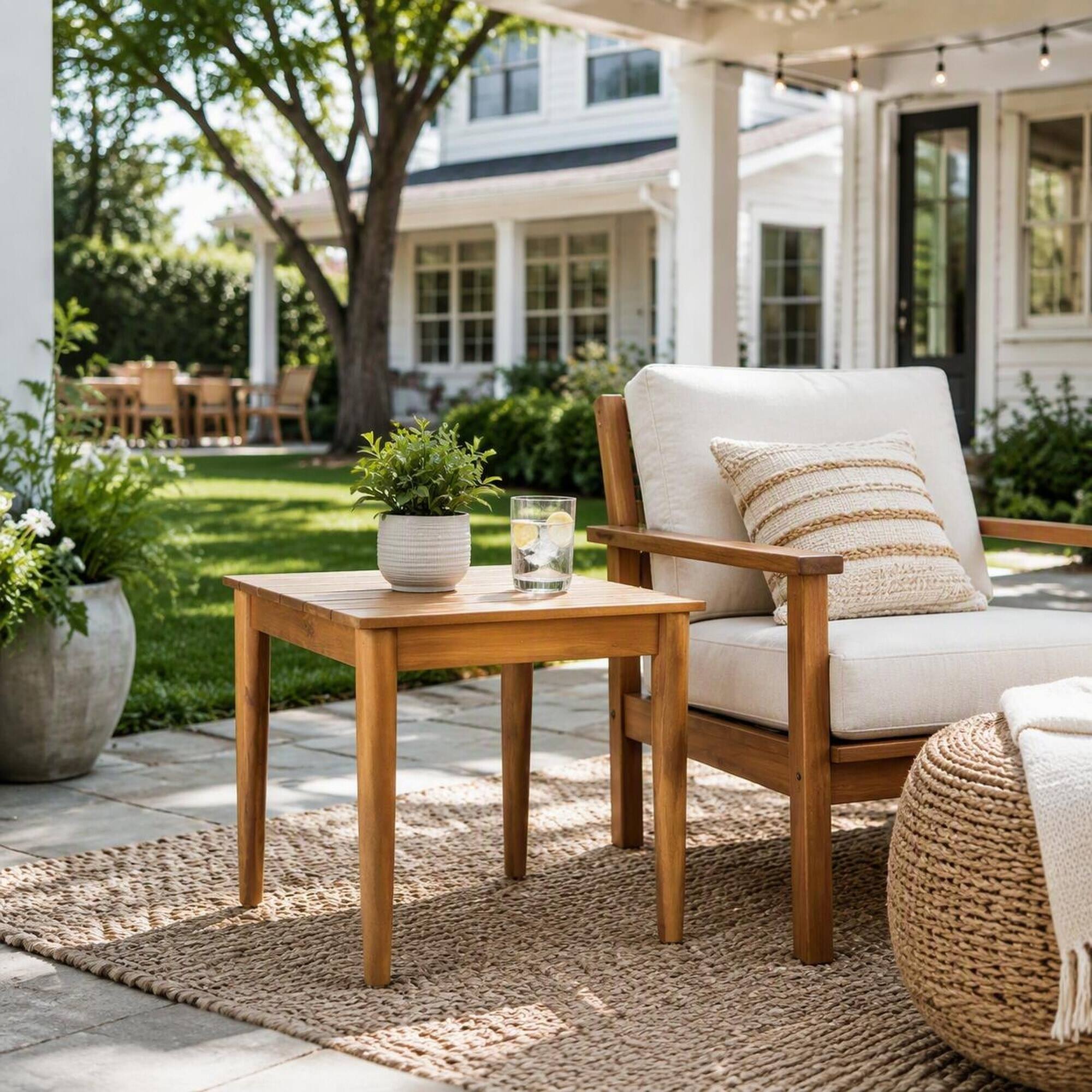 Back. RYHNUYNE - Wood Outdoor Side Table,Square Patio End Table for Backyard Porch Deck - Teak.