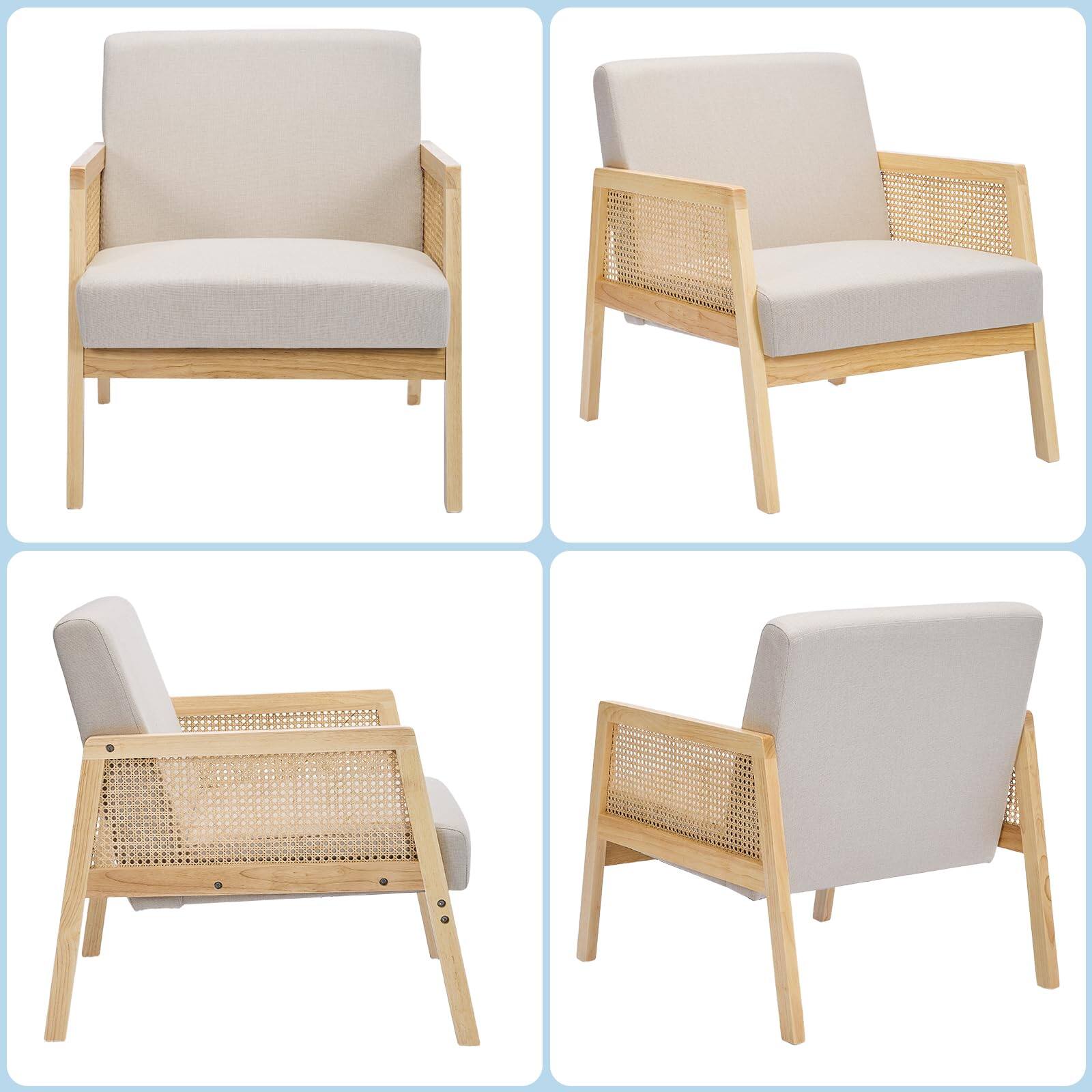 Alt View 4. Jojoka - Linen Upholstered Lounge Chairs 2 Pack, Indoor/Outdoor Rattan Webbing, Wood Frame - Natural.