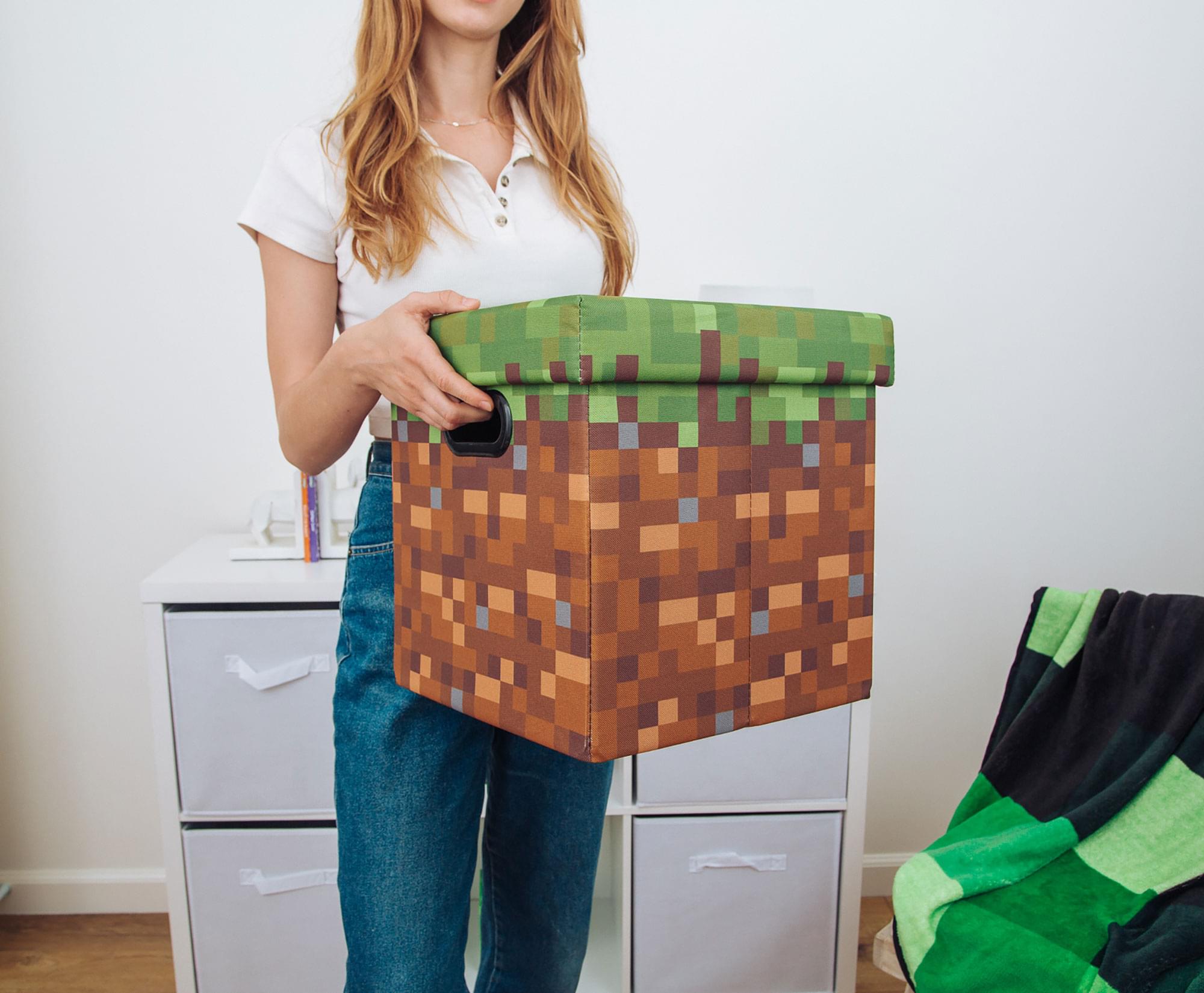 Alt View 2. Ukonic - Minecraft Grassy Block Fabric Storage Bin Cube Organizer with Lid | 13 Inches - Brown.