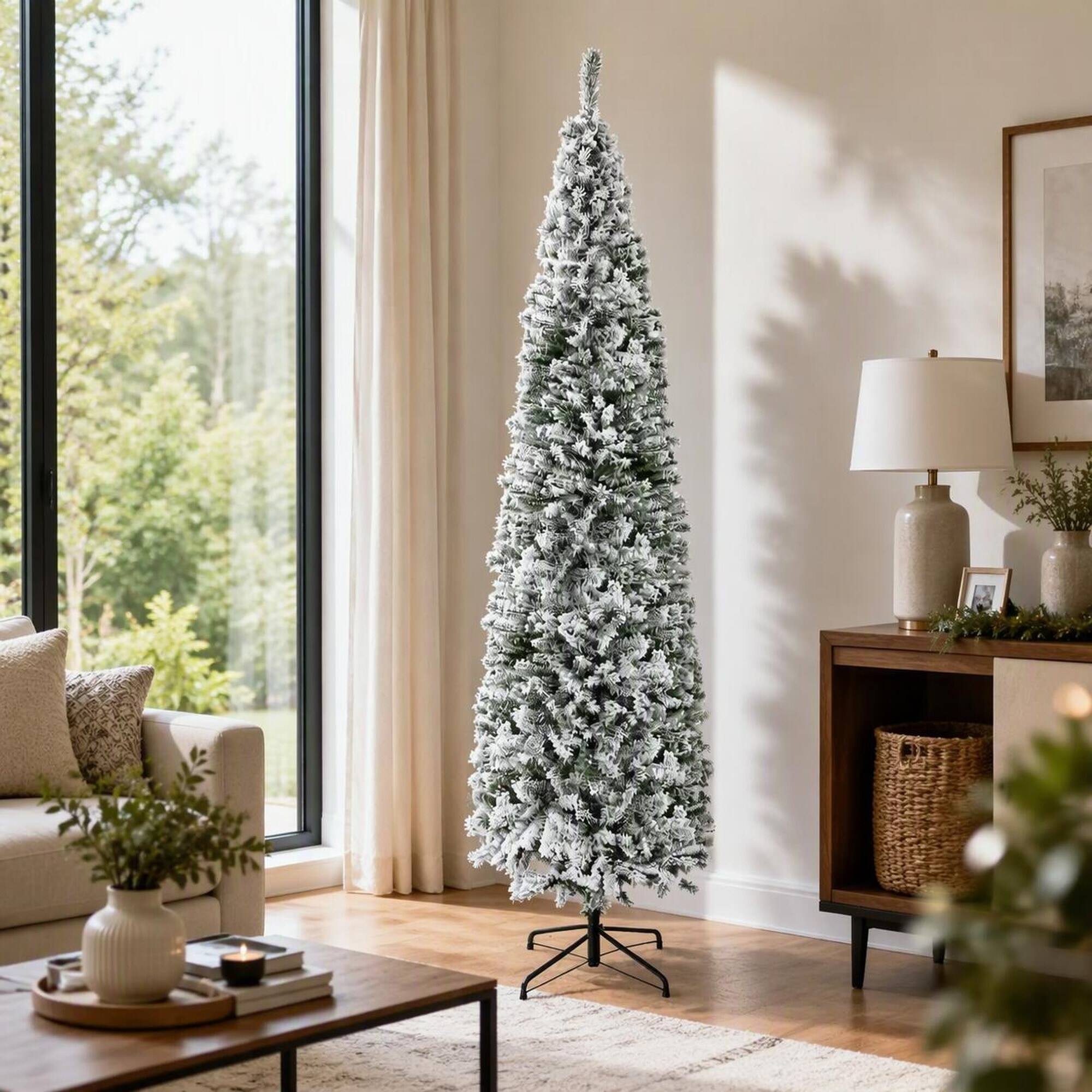 Back. RYHNUYNE - 9Ft Flocked Pencil Artificial Christmas Tree, Faux Snow Realistic Branches Bendable Design Indoor Holiday Home Decor - Green.