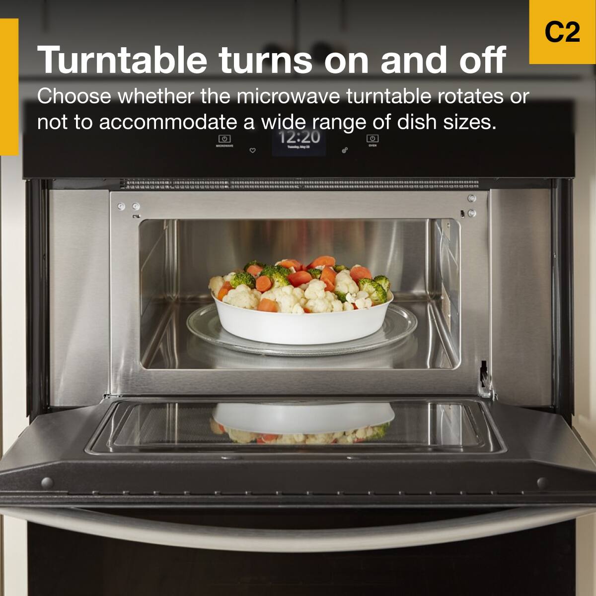 Turntable turns on and off

Choose whether the microwave turntable rotates or not to accommodate a wide range of dish sizes.