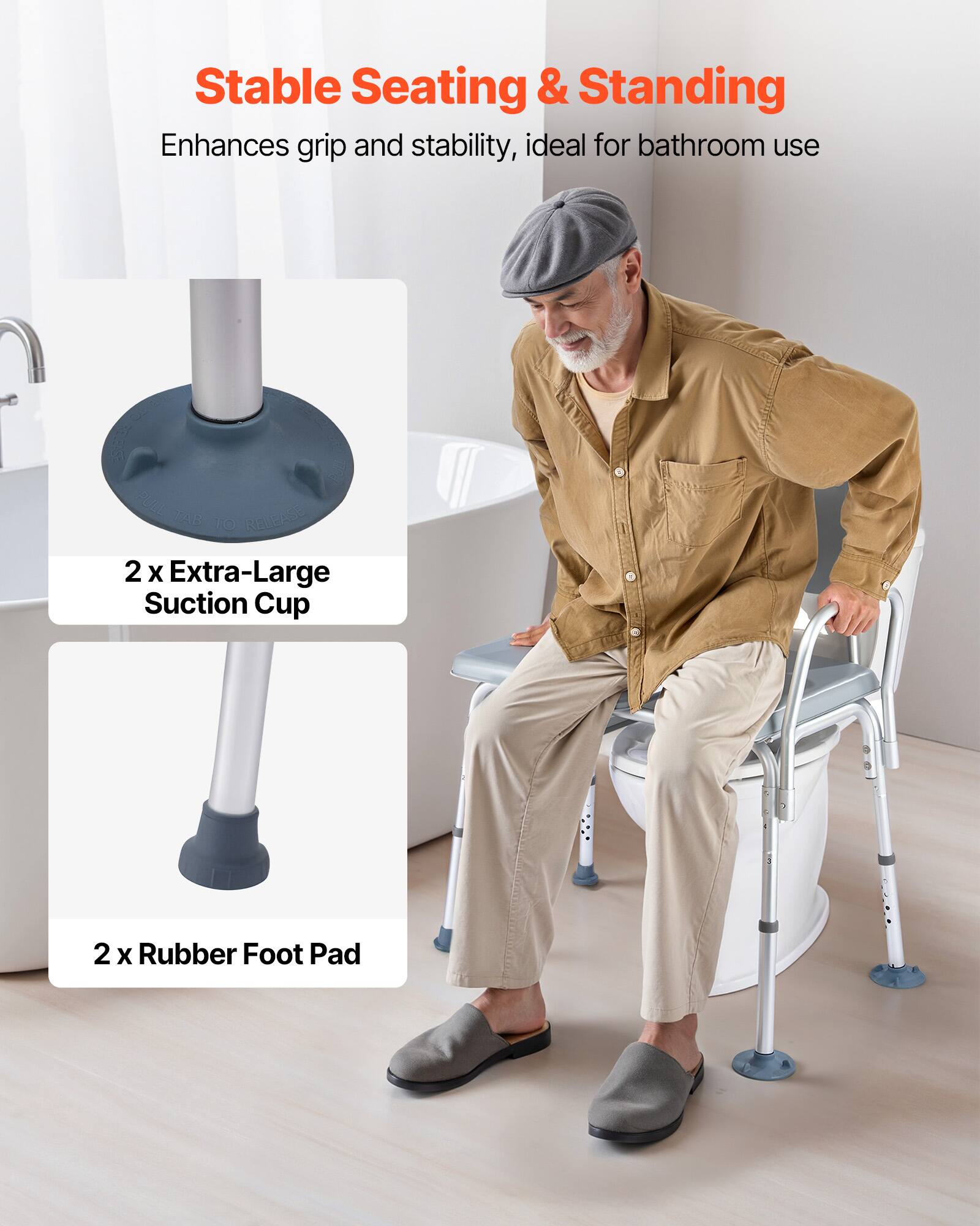 Stable Seating & Standing, Enhances grip and stability, ideal for bathroom use. PULL TAB TO RELEASE. 2 X Extra-Large Suction Cup. 2 X Rubber Foot Pad.