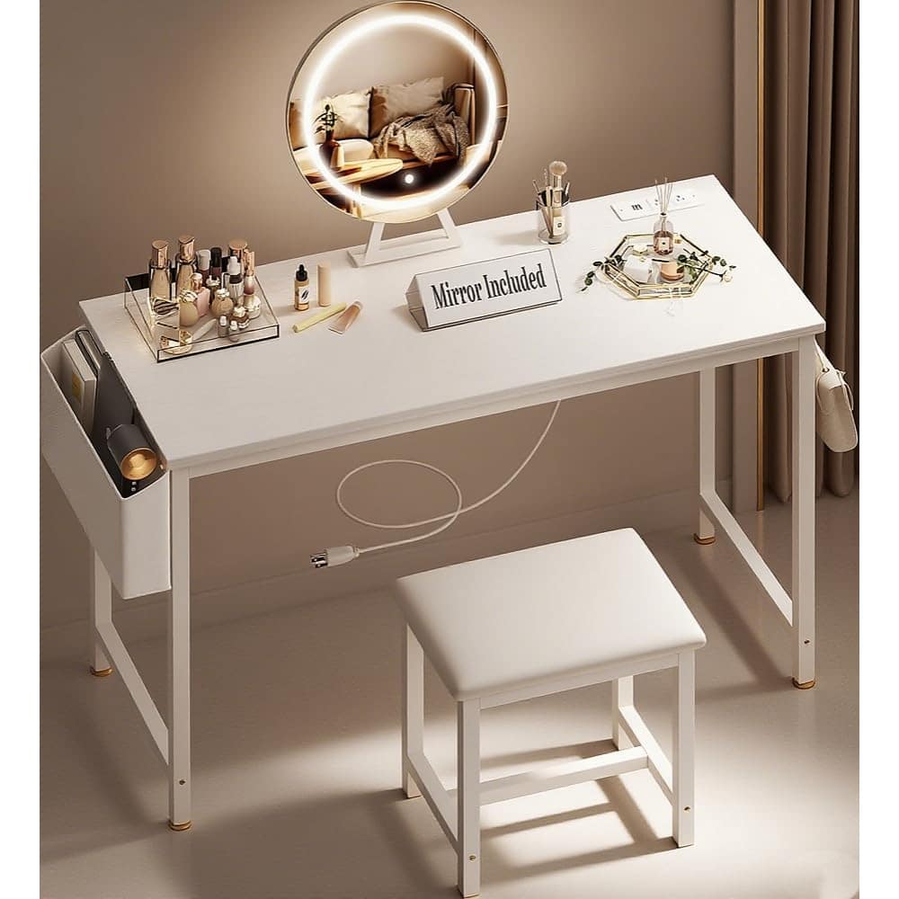 Earthley Blooms - Cheap Makeup Vanity Set With Mirror And Stool Lights Power Outlet Make Up Dressing Table Chair Vanities F - 1.white 40"