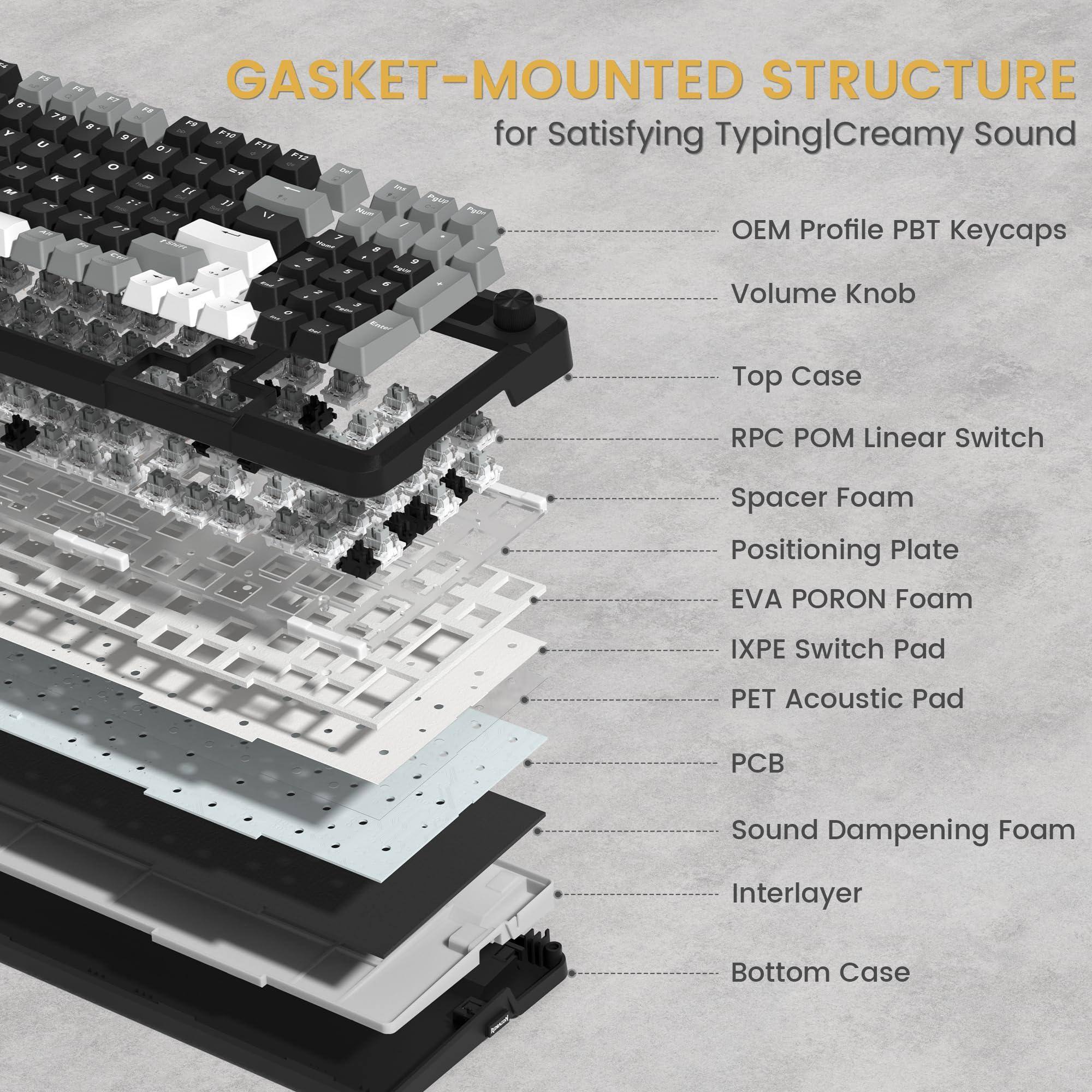GASKET-MOUNTED STRUCTURE  
for Satisfying Typing/Creamy Sound  

- OEM Profile PBT Keycaps  
- Volume Knob  
- Top Case  
- RPC POM Linear Switch  
- Spacer Foam  
- Positioning Plate  
- EVA PORON Foam  
- IXPE Switch Pad  
- PET Acoustic Pad  
- PCB  
- Sound Dampening Foam  
- Interlayer  
- Bottom Case