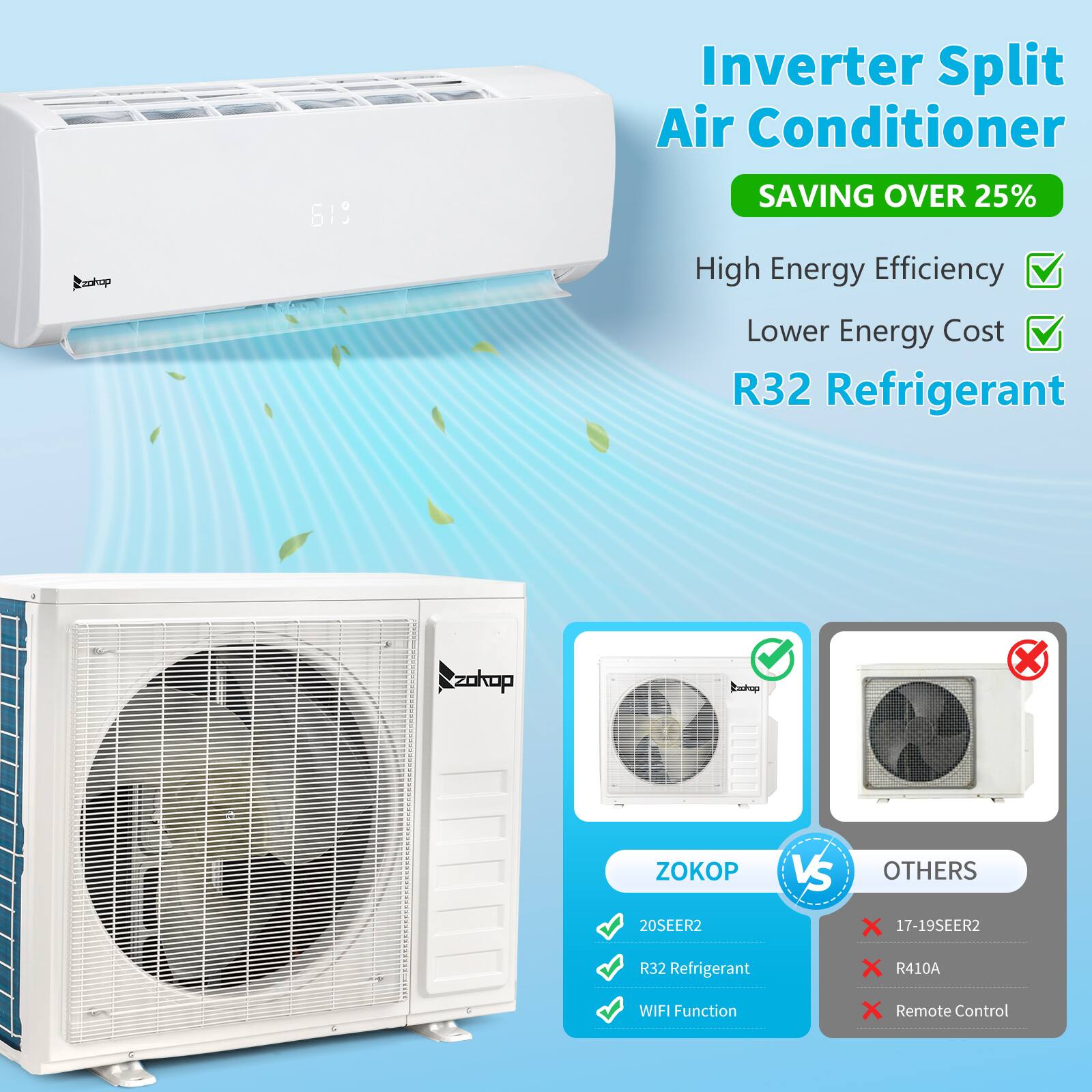 Inverter Split Air Conditioner  
SAVING OVER 25%  
High Energy Efficiency  
Lower Energy Cost  
R32 Refrigerant  

ZOKOP VS OTHERS  
20SEER2  
R32 Refrigerant  
WIFI Function  
Remote Control  

20SEER2  
R32 Refrigerant  
WIFI Function  

17-19SEER2  
R410A  
Remote Control