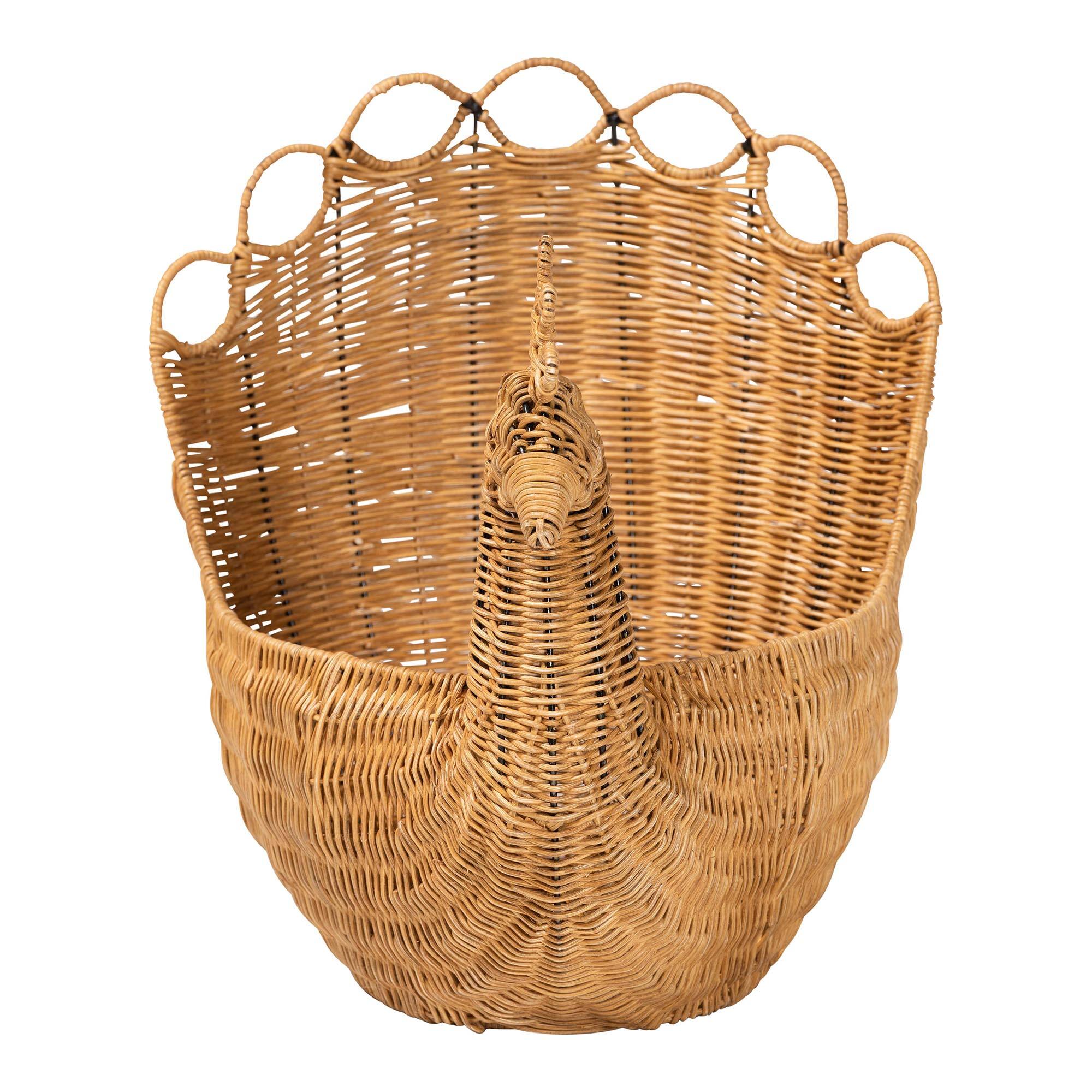 Angle. bali & pari - Florabel Natural Rattan Peacock Basket - Handwoven Wicker Storage Solution - Light Honey.