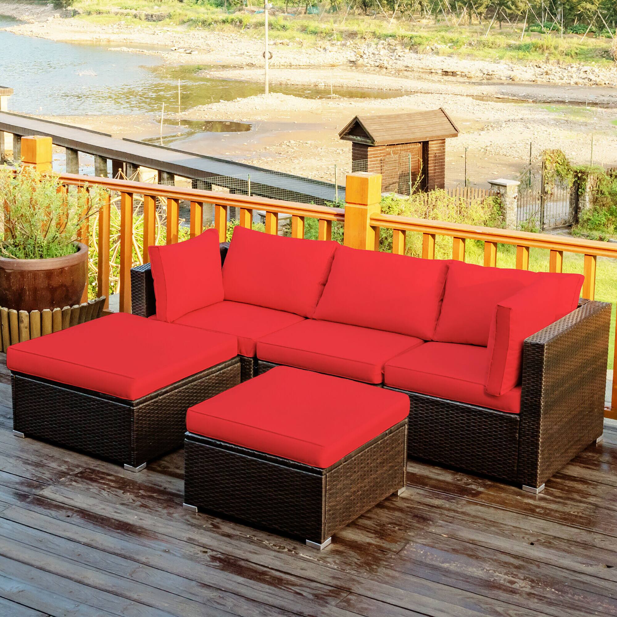 Alt View 1. Costway - Costway 5PCS Patio Rattan Furniture Set Sectional Conversation Set Ottoman Table - Red.