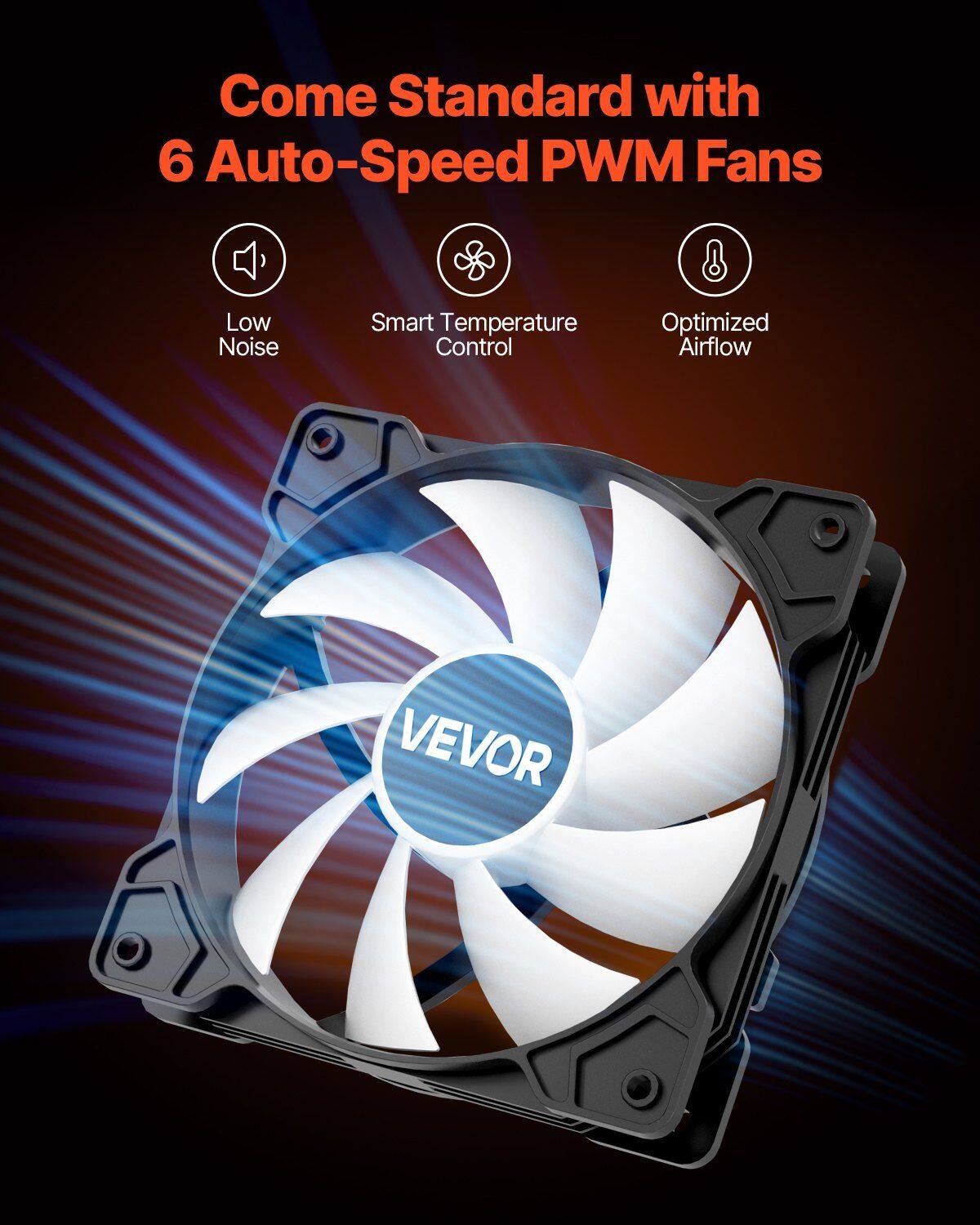 Come Standard with 6 Auto-Speed PWM Fans

- Low Noise
- Smart Temperature Control
- Optimized Airflow