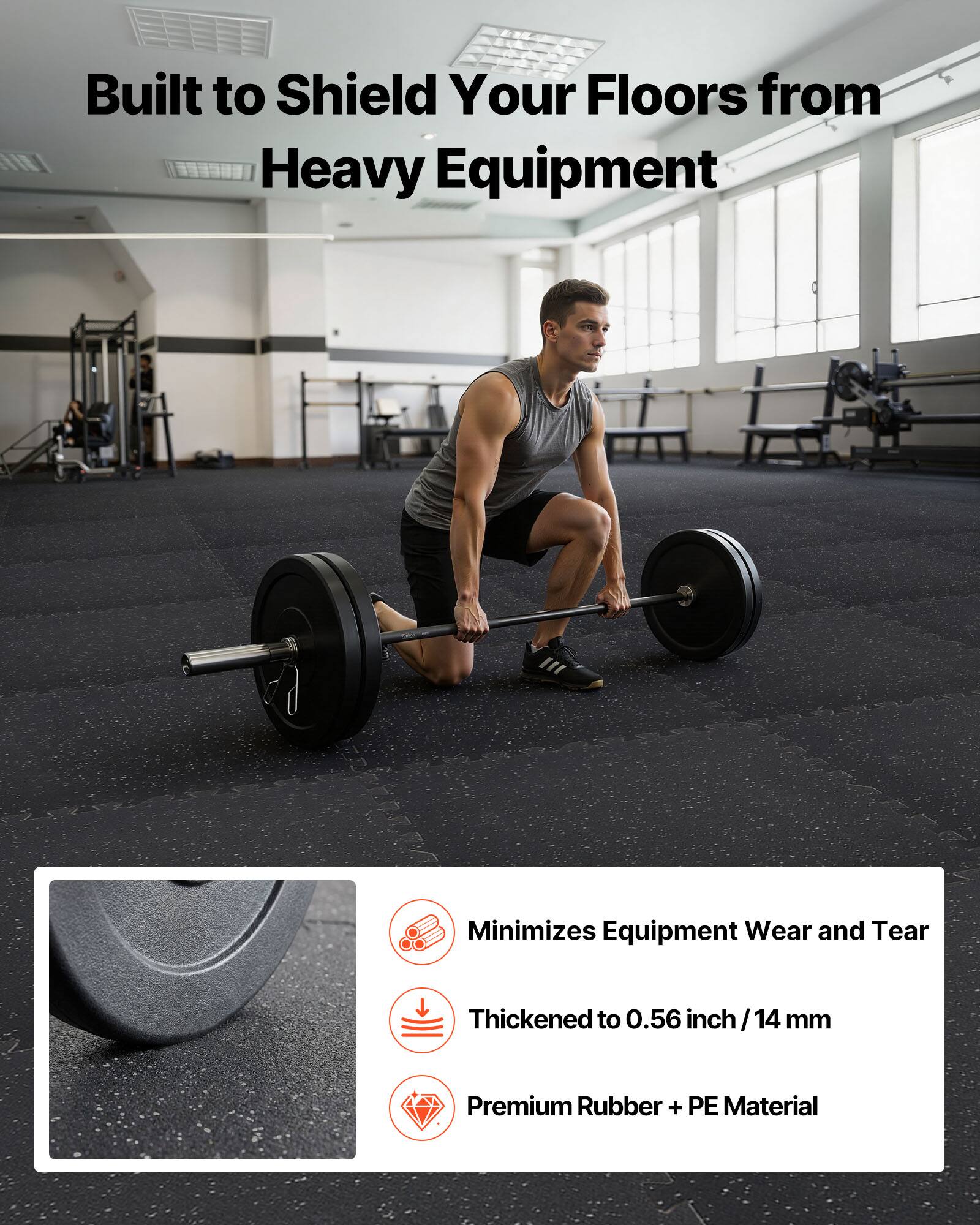 Built to Shield Your Floors from Heavy Equipment

Minimizes Equipment Wear and Tear

Thickened to 0.56 inch / 14 mm

Premium Rubber + PE Material