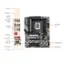 The image shows a computer motherboard with various connectors and ports, including 4 USB 2.0 ports, 1 DisplayPort, 1 USB4 Type-C, 1 USB 3.2 Gen 2, 8868 A S UNBE, 1 GELASTTE Front USB-C, 4 USB 3.2 Gen 1, 2.5 GbE LAN, Wi-Fi 6E 802.11a 1ax, 4 SATA 6Gb/s, C D0 & WIFI EZ-Plug Cadd RGB FUSION Hi-Fi Audio.