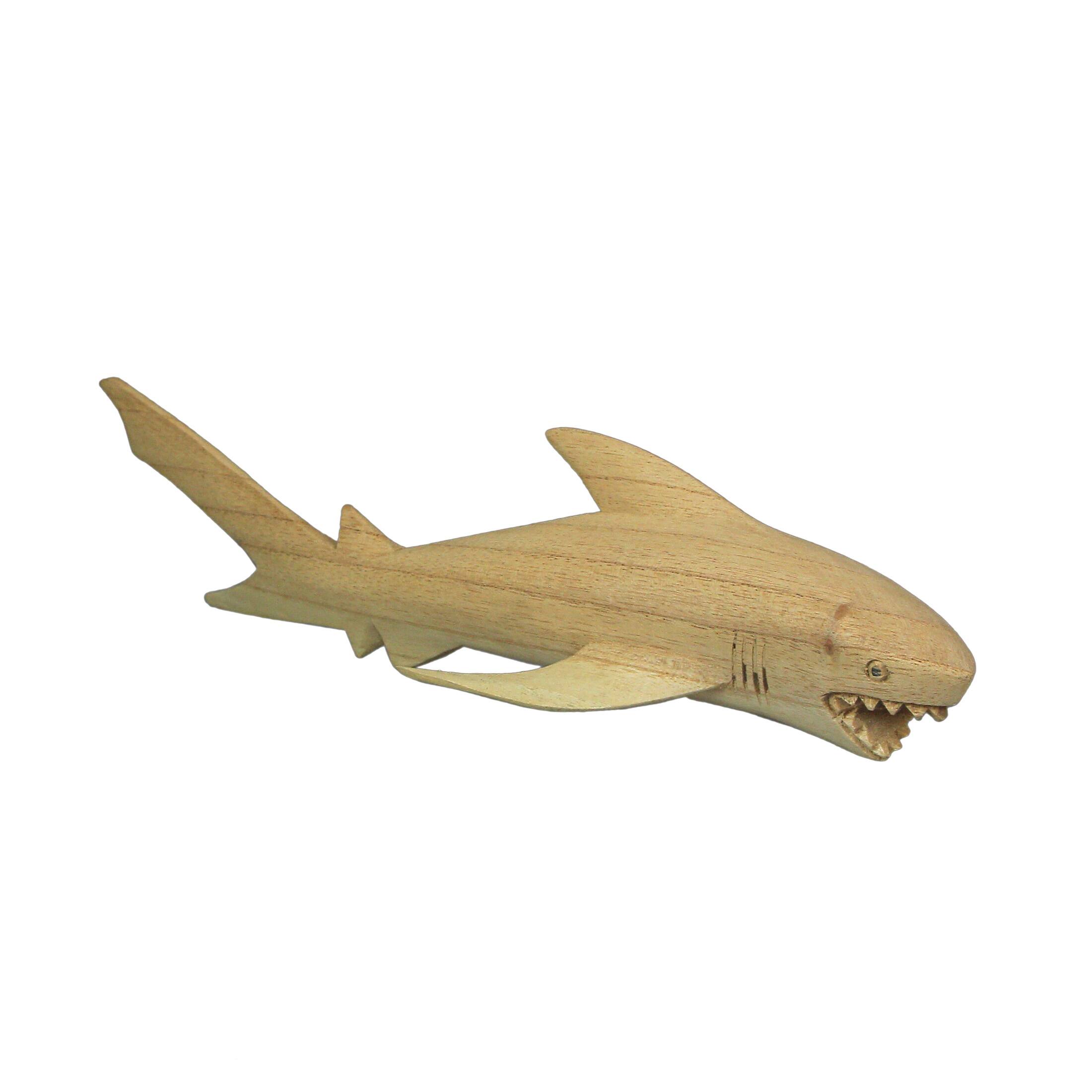 Front. Things2Die4 - 12" Hand Carved Great White Shark Wooden Sculpture – Nautical Ocean Decor - Brown.