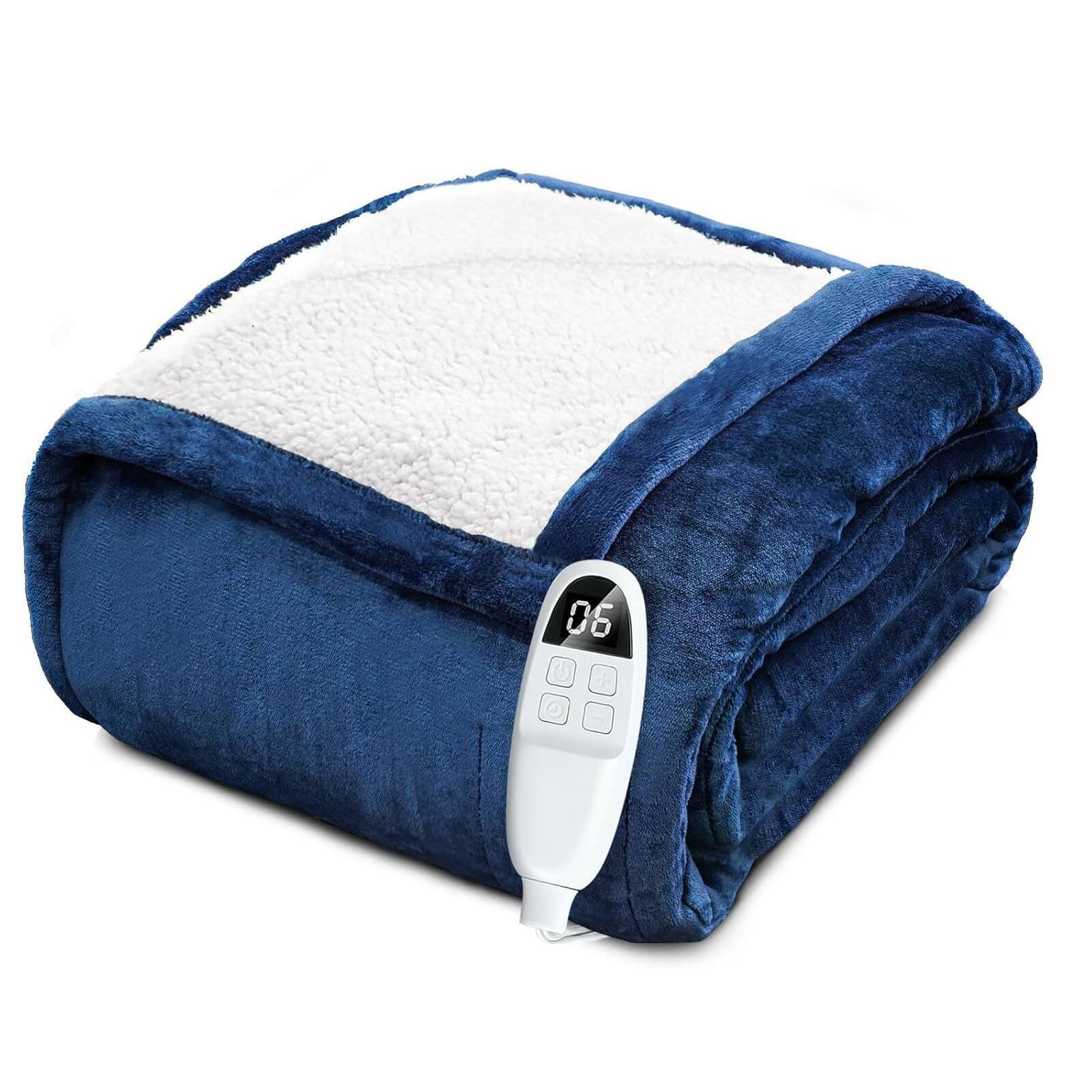Angle. AENKYO - 72"x84" Heated Blanket Throw Blanket Fast Heating Flannel Electric Blanket with 10 Time Settings 6 Heating Settings - Blue.