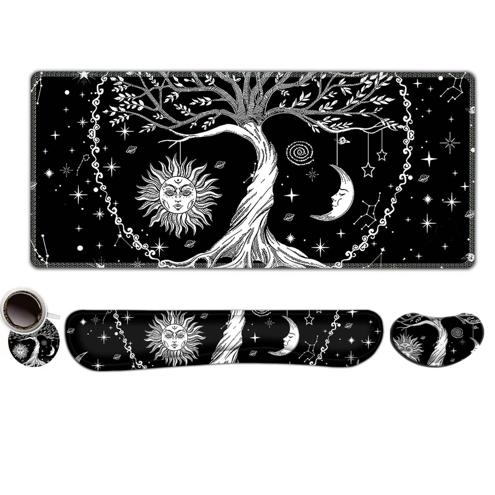 Comfort Essence - Extended Gaming Mouse Pad Memory Foam Wrist Rest Support Set Large Desk Mat With Stitched Edges Non-slip Base - Moon & Sun