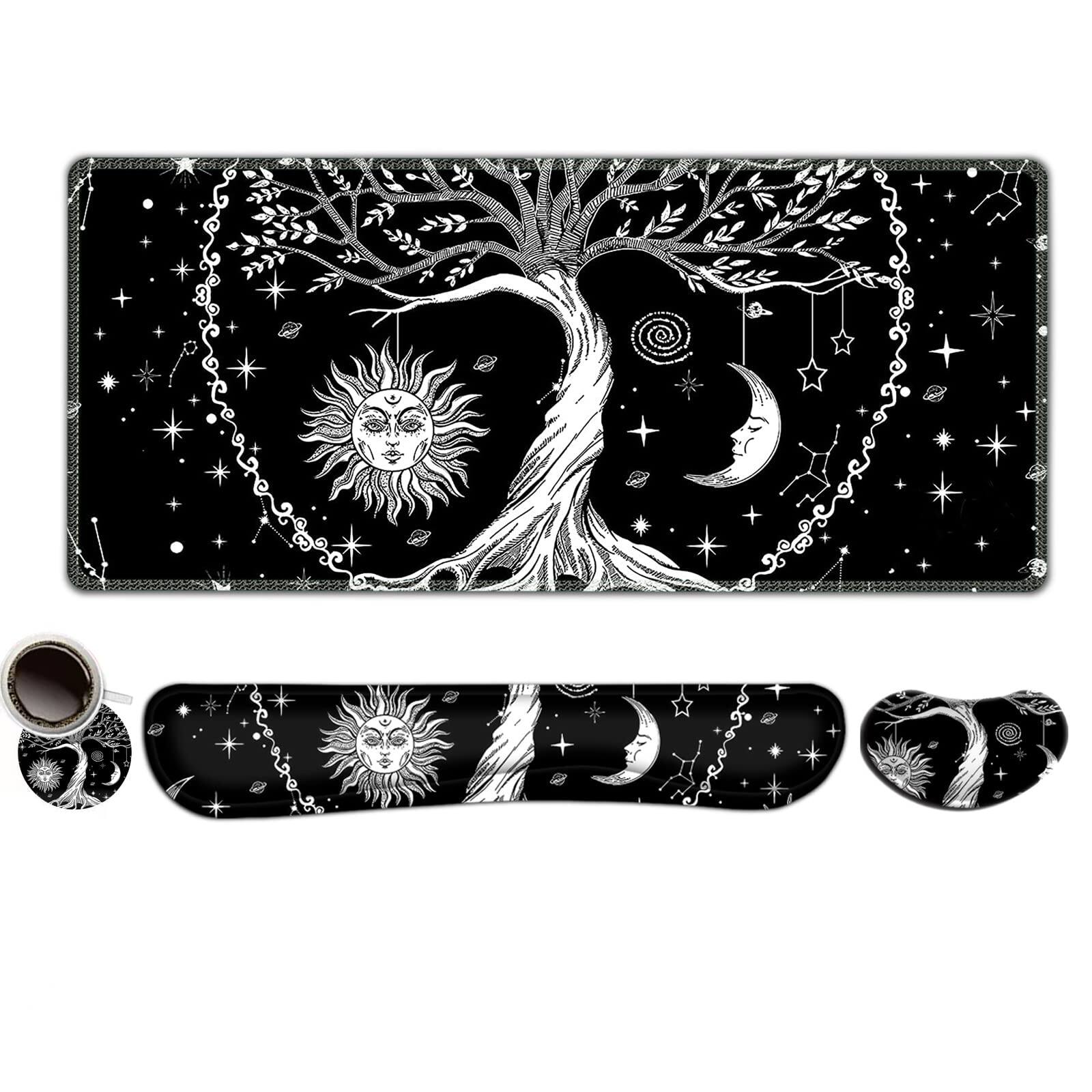 Comfort Essence - Extended Gaming Mouse Pad Memory Foam Wrist Rest Support Set Large Desk Mat With Stitched Edges Non-slip Base - Moon & Sun