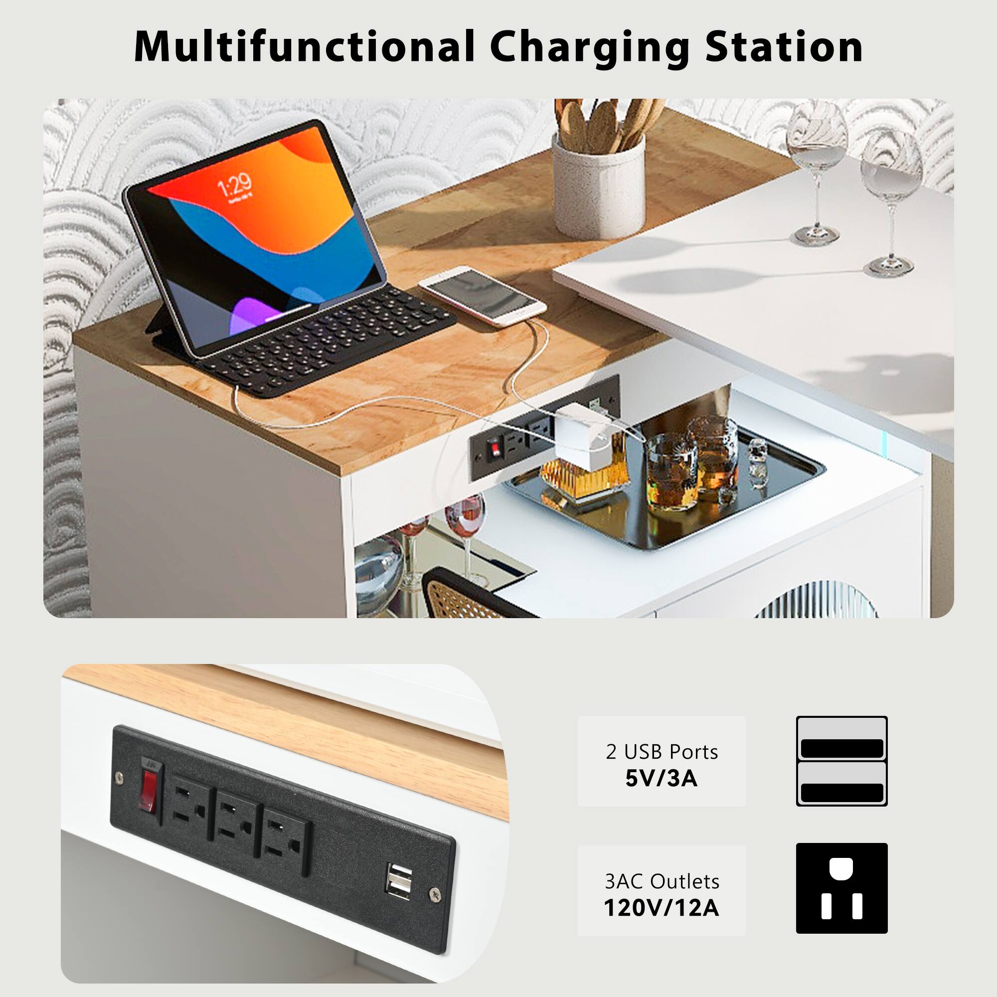 Multifunctional Charging Station

2 USB Ports  
5V/3A

3 AC Outlets  
120V/12A