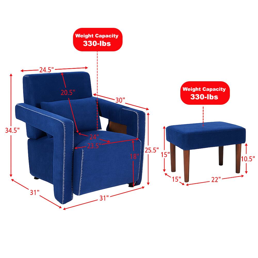Weight Capacity: 330-lbs

Dimensions:
- Armchair: 31" H x 34.5" W x 30" D
- Seat: 24" W x 23.5" D
- Back: 20.5" H
- Armrest: 24.5" W
- Seat Depth: 25.5" W x 18" D
- Armrest Height: 15"

Ottoman: 10.5" H x 22" W x 15" D