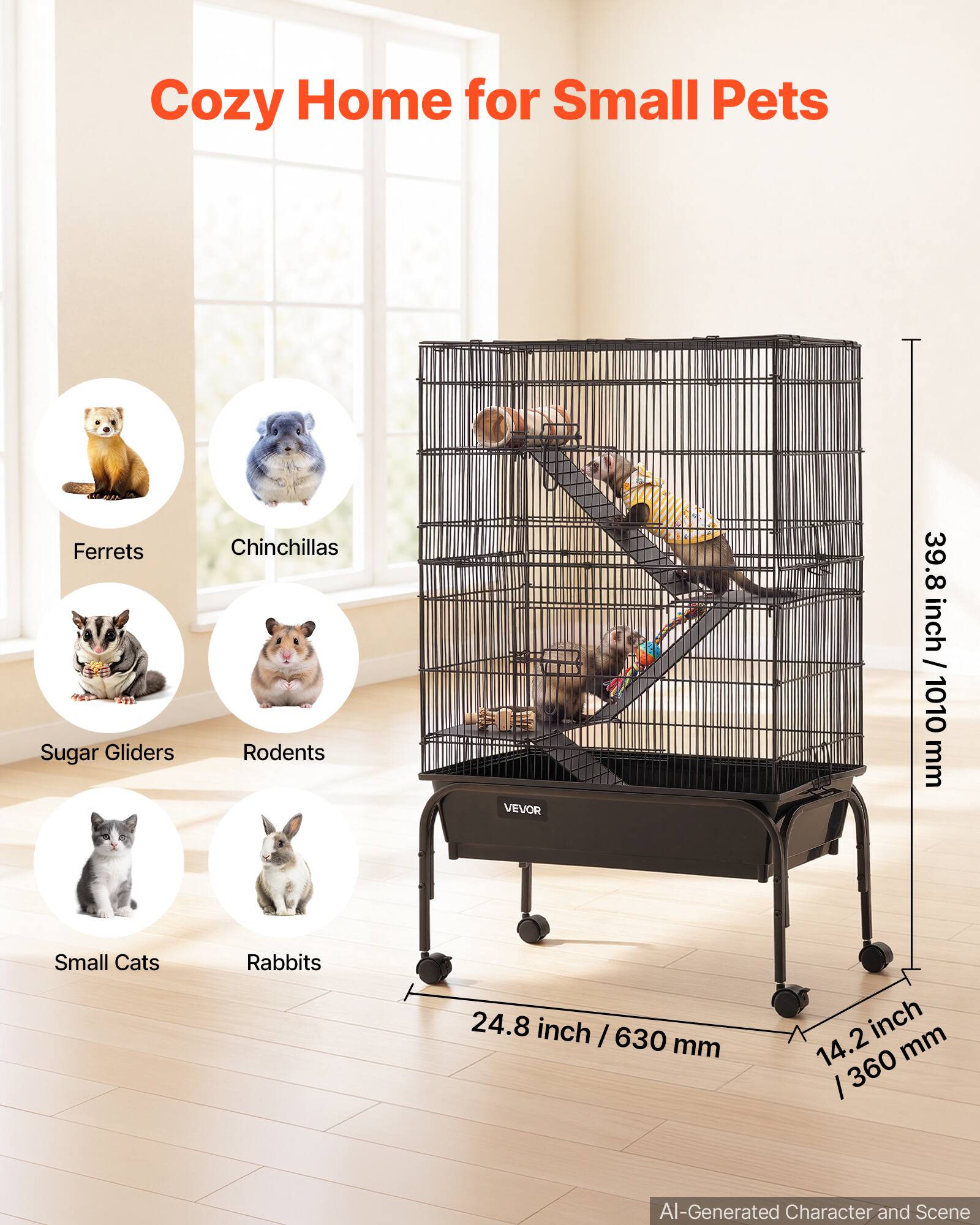Cozy Home for Small Pets

Ferrets Sugar Gliders  
Chinchillas Rodents  
VEVOR  
39.8 inch / 1010 mm  
Small Cats  
Rabbits  
24.8 inch / 630 mm  
14.2 inch / 360 mm  

AI-Generated Character and Scene