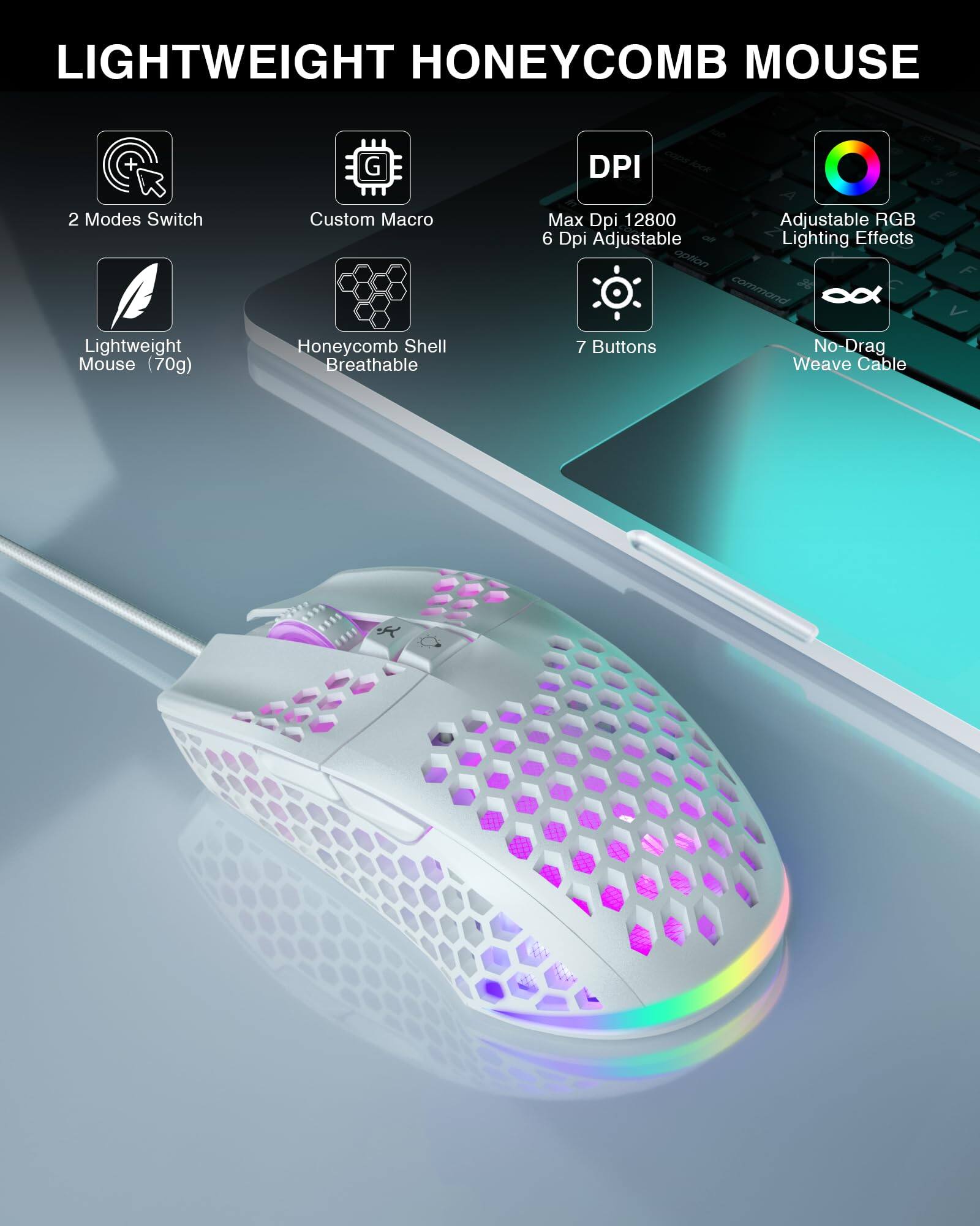 LIGHTWEIGHT HONEYCOMB MOUSE

- 2 Modes Switch
- Custom Macro
- Lightweight Mouse (70g)
- Honeycomb Shell Breathable
- Max Dpi 12800
- 6 Dpi Adjustable
- 7 Buttons
- Adjustable RGB Lighting Effects
- No-Drag Weave Cable
