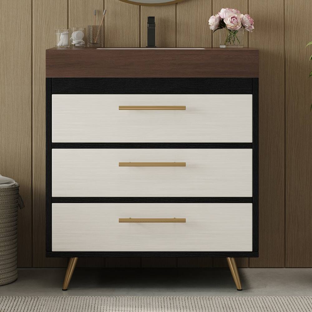 Angle. Loheer - Loheer 29.9 inch freestanding bathroom vanity with ceramic vessel sink sintered stone top white and walnut - White and Walnut.
