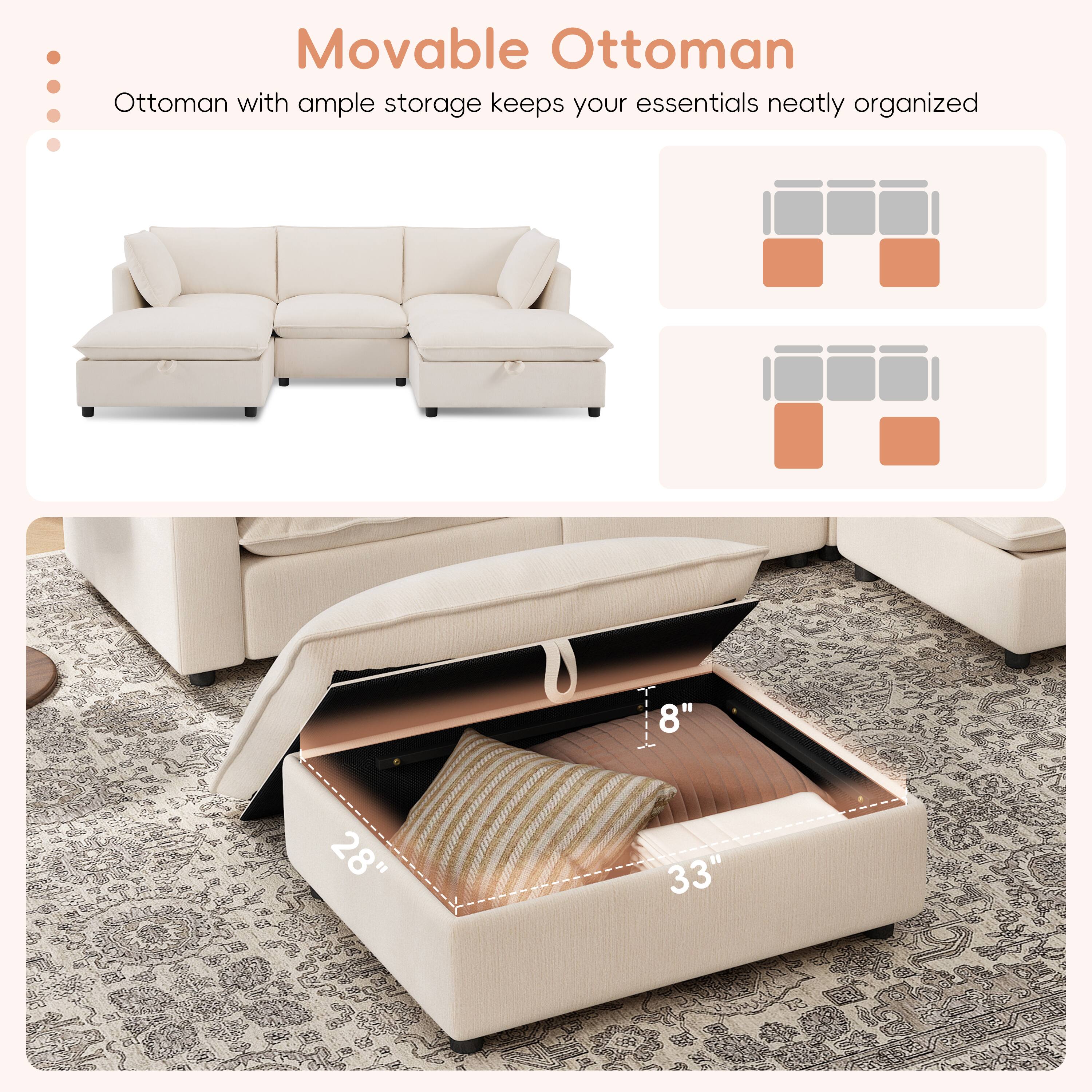 Movable Ottoman Ottoman with ample storage keeps your essentials neatly organized 8" 28" 33"